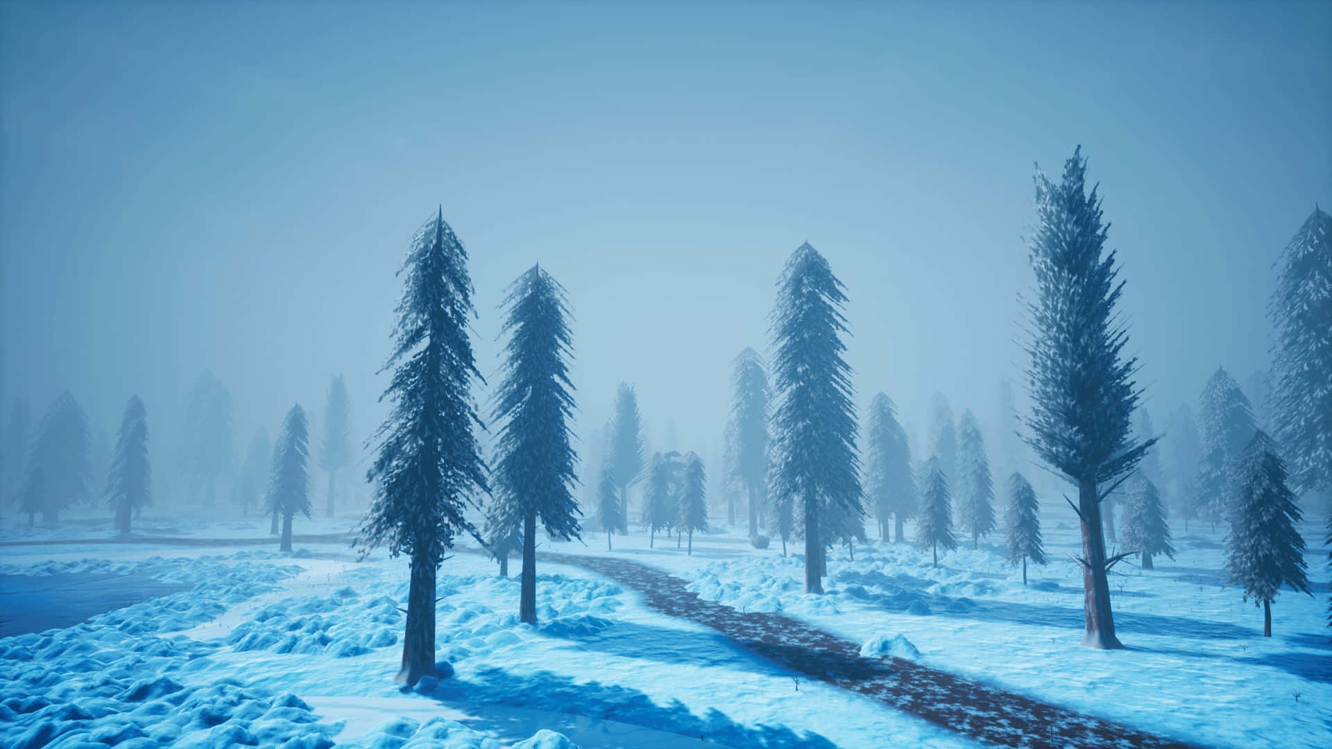 雪覆的冬季仙境 壁紙 — 寧靜的冬季森林，白雪覆蓋的松樹和蜿蜒的小徑穿過霧藍色調。