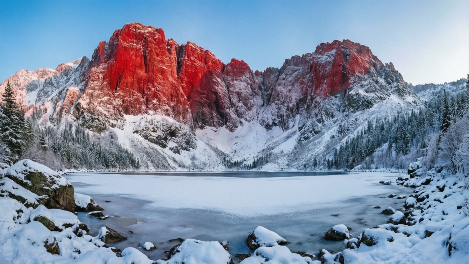 雪覆紅山 壁紙 — 結冰的湖面映照著被雪覆蓋的山脈，在日出時泛著紅光，常綠樹環繞著場景。