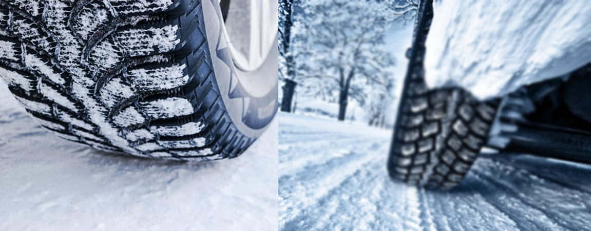 Winter Tires 桌布 壁紙 — 雪覆蓋的冬季輪胎在雪地森林小徑上行駛的特寫。