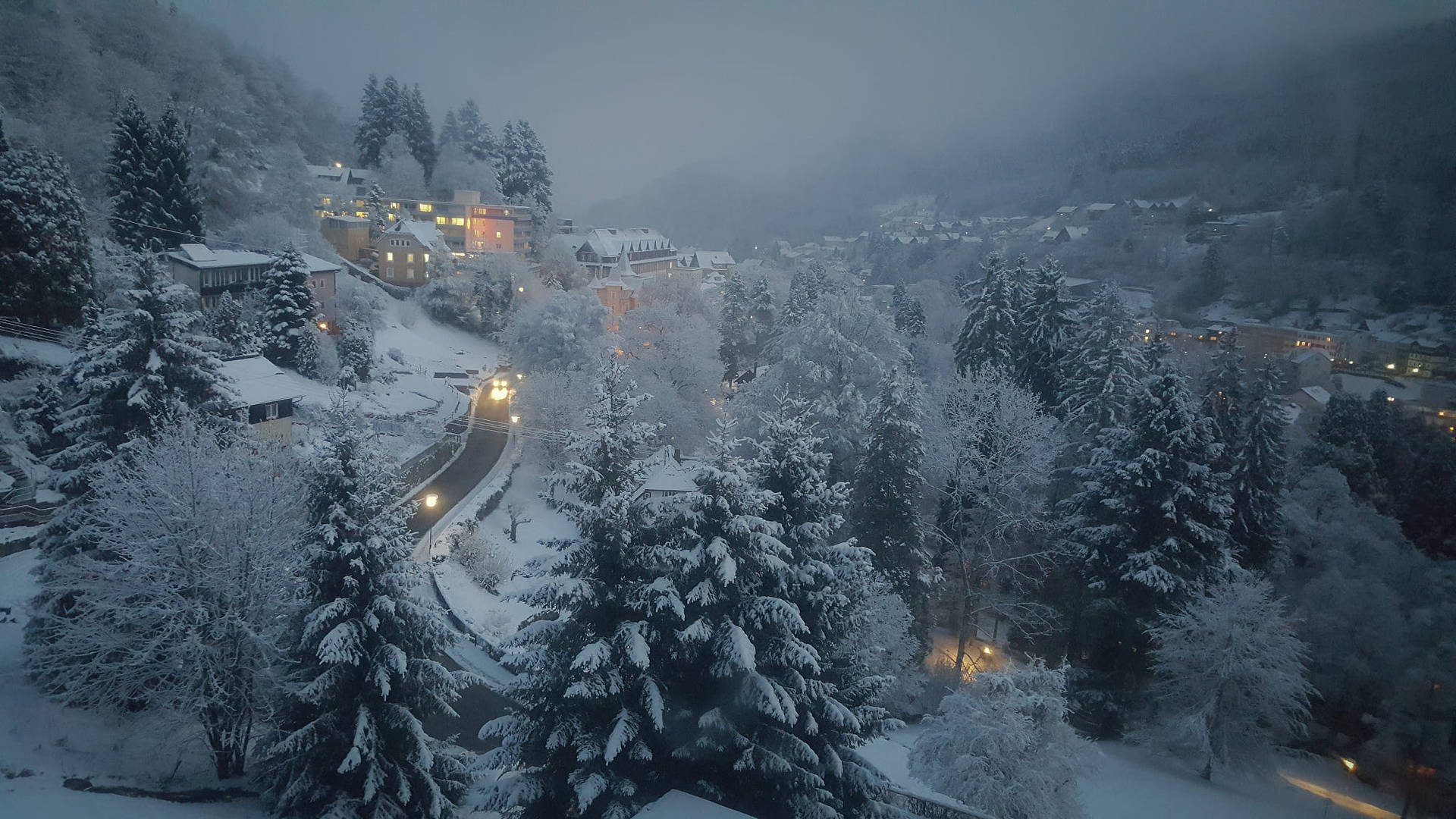 白雪覆蓋的山村，閃爍的燈光與蜿蜒的道路穿過常綠樹林。