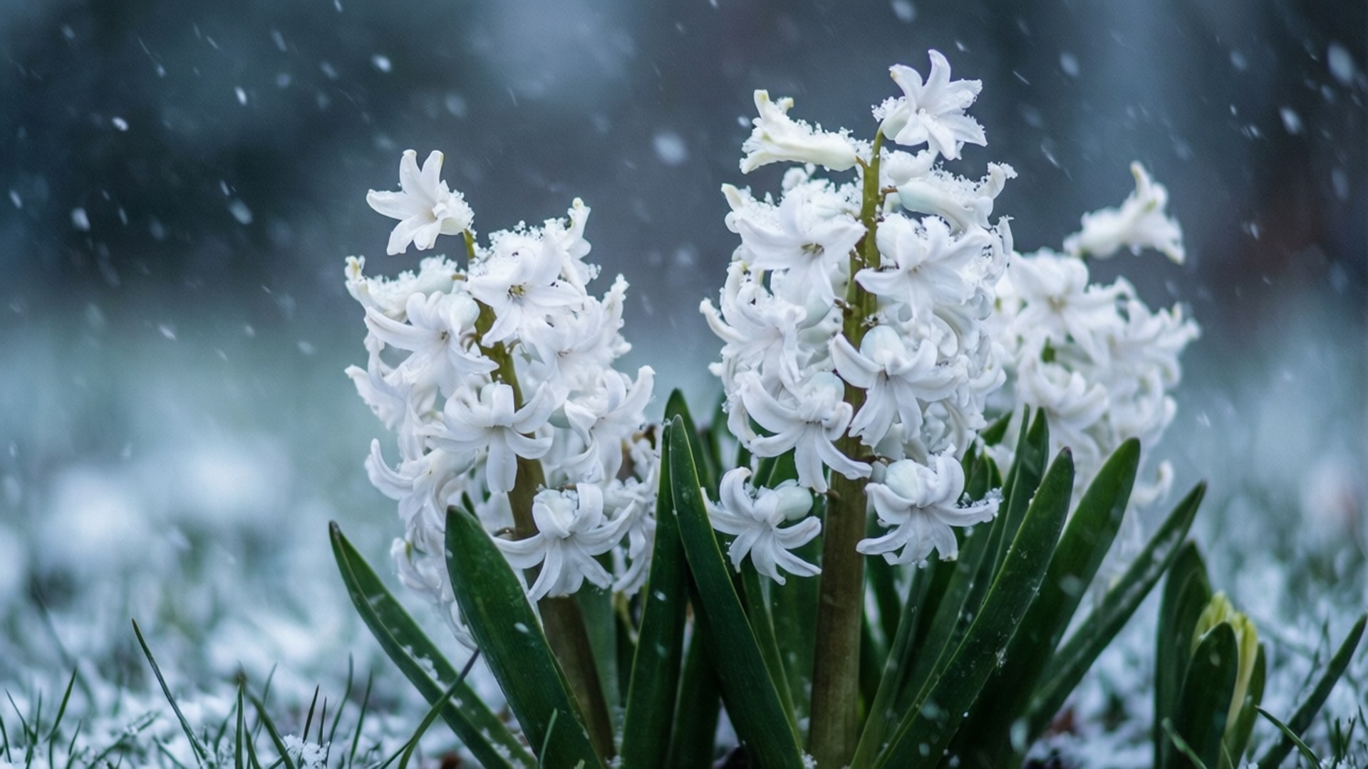 白色風信子，綠葉被雪和飄落的雪花覆蓋