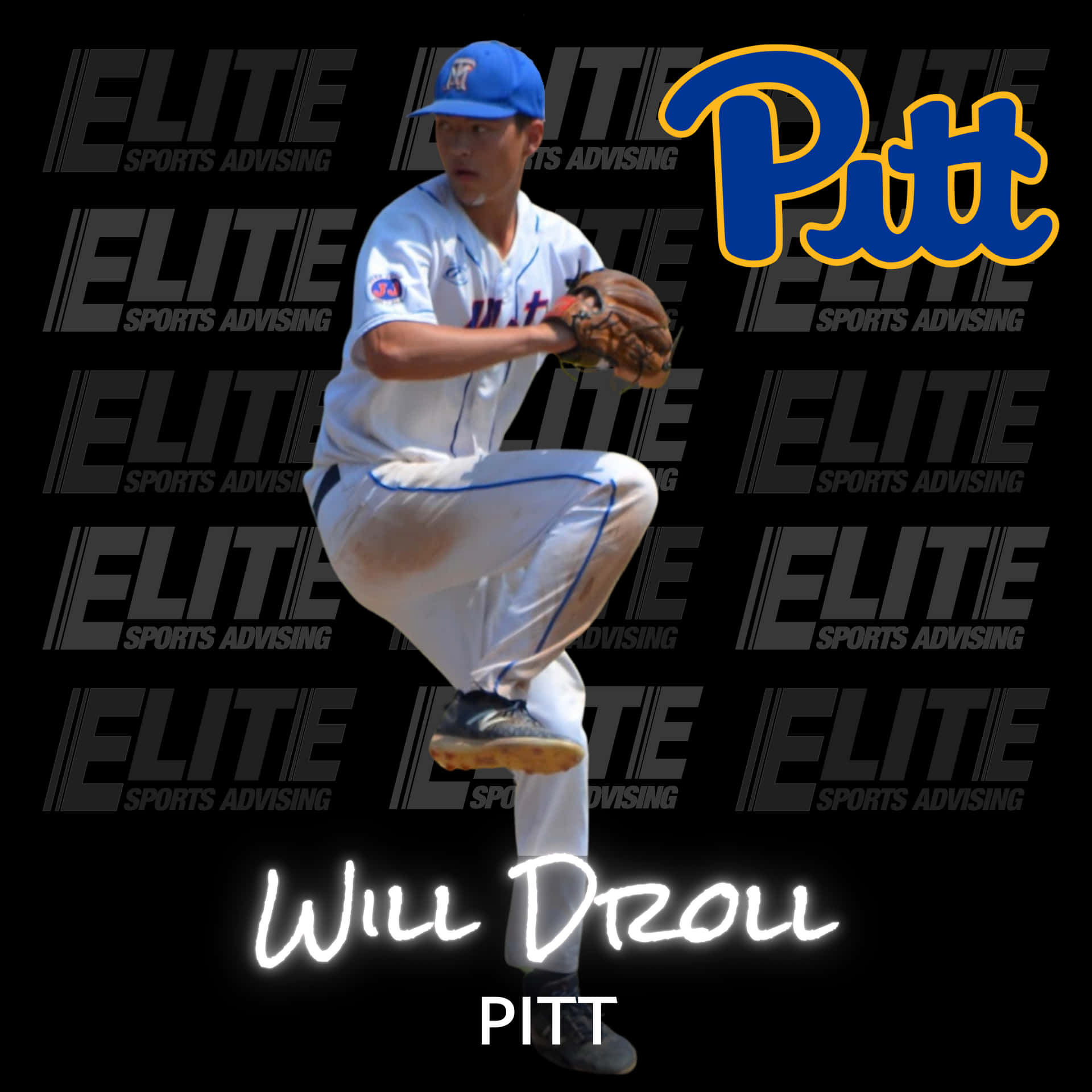 身穿白色和藍色球衣的棒球投手正在投球，帶有「Pitt」標誌和「Elite Sports Advising」浮水印。