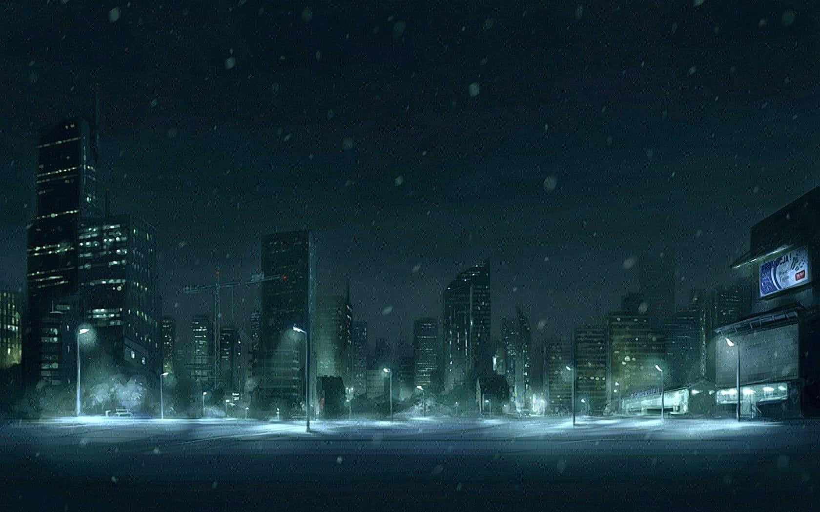 Winter Cityscape 桌布 壁紙 — 雪靜靜地落在夜晚黑暗的城市天際線上，伴隨著發光的街燈和建築窗戶。