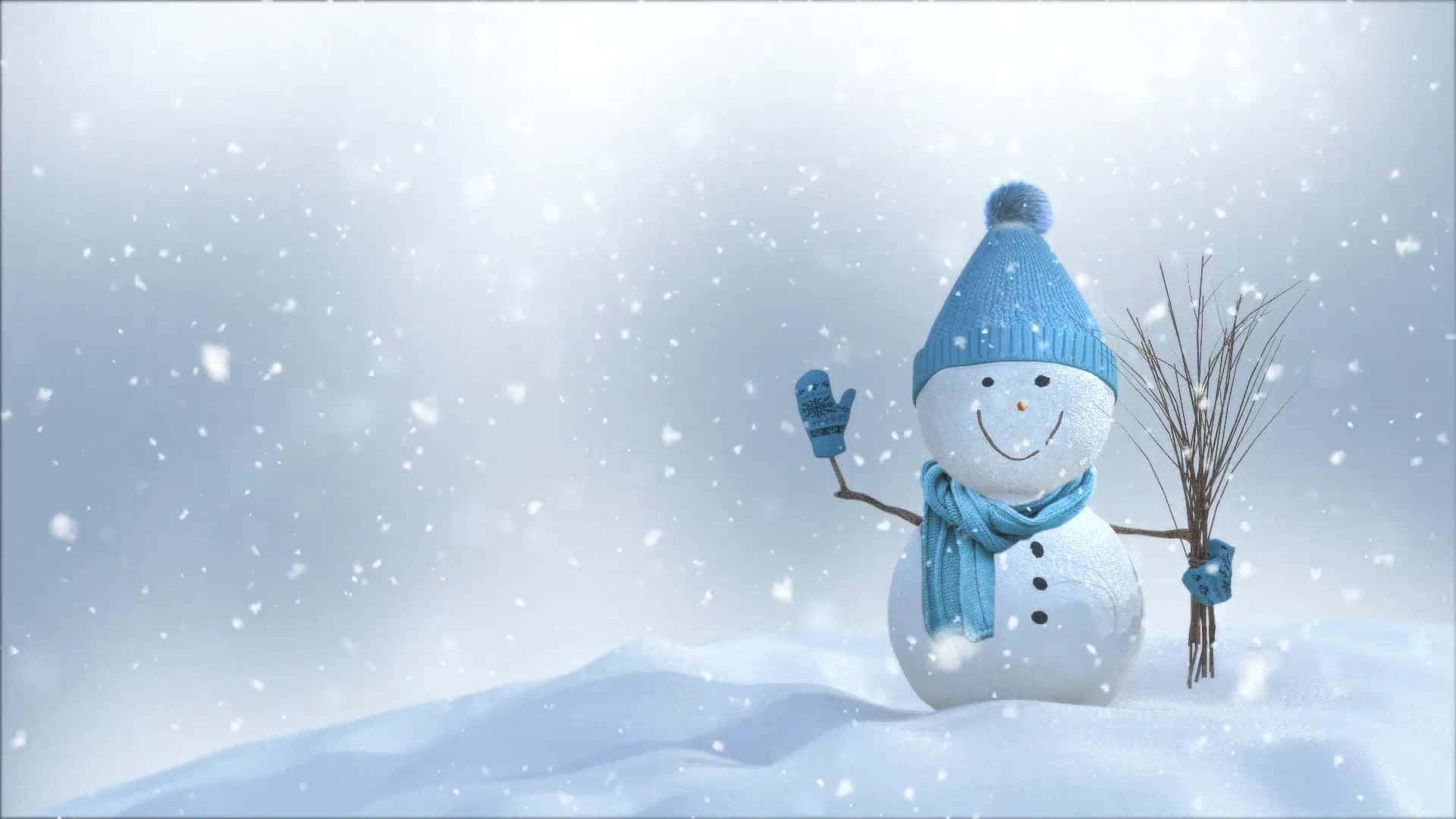 雪頂群山的壯麗風景 壁紙 — 一個戴著藍色針織帽和圍巾的快樂雪人在雪花飄落的雪白冬日場景中揮手。