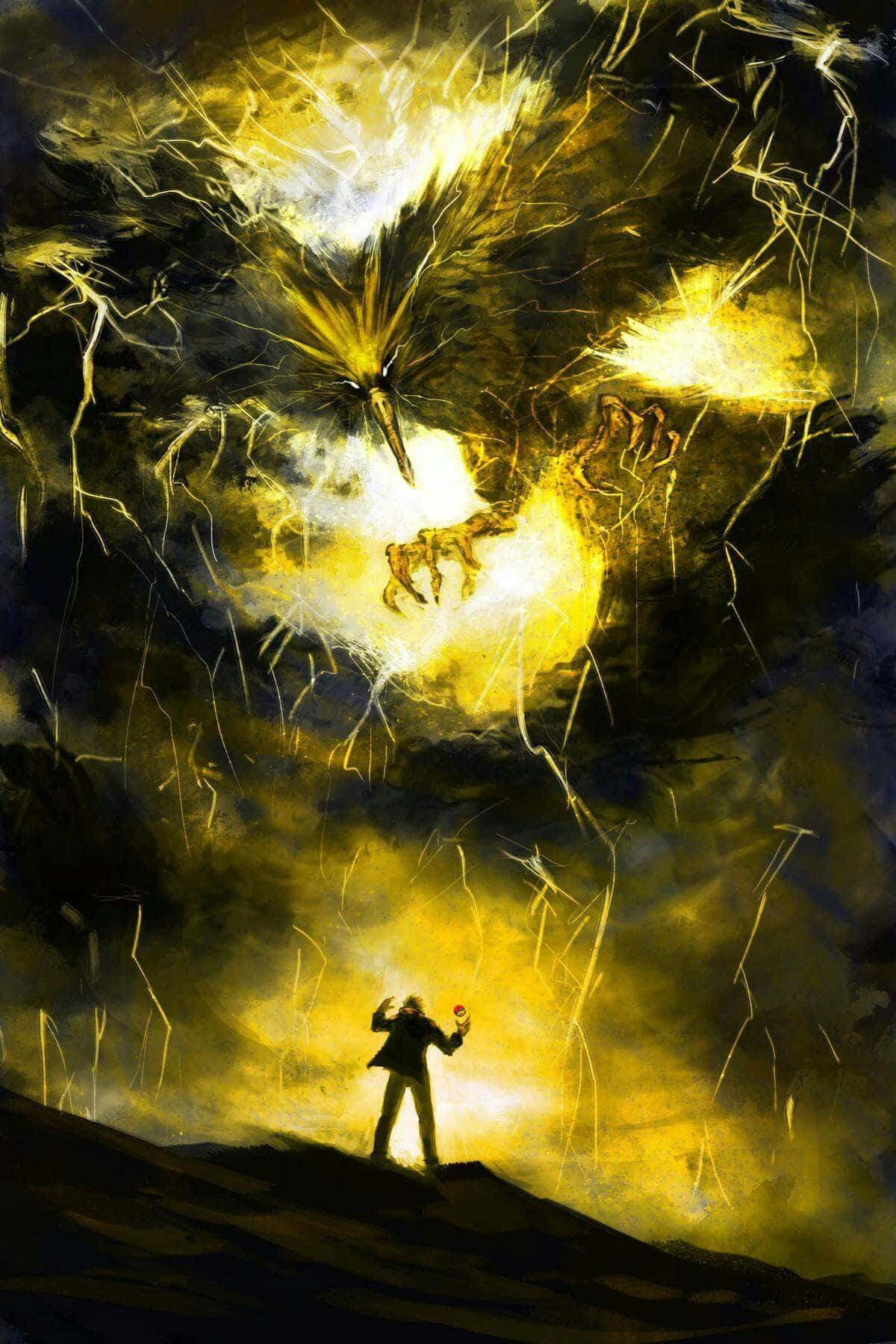 一個人在暴風雨的天空中面對一條巨大的發光龍。