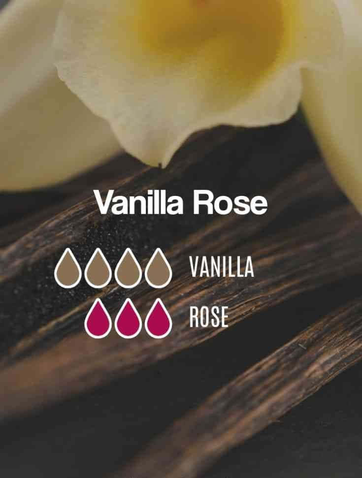 Rose Oil 桌布 壁紙 — 雲呢拿豆和奶油白色蘭花放在深色木頭上，帶有「Vanilla Rose」文字和香味指示。