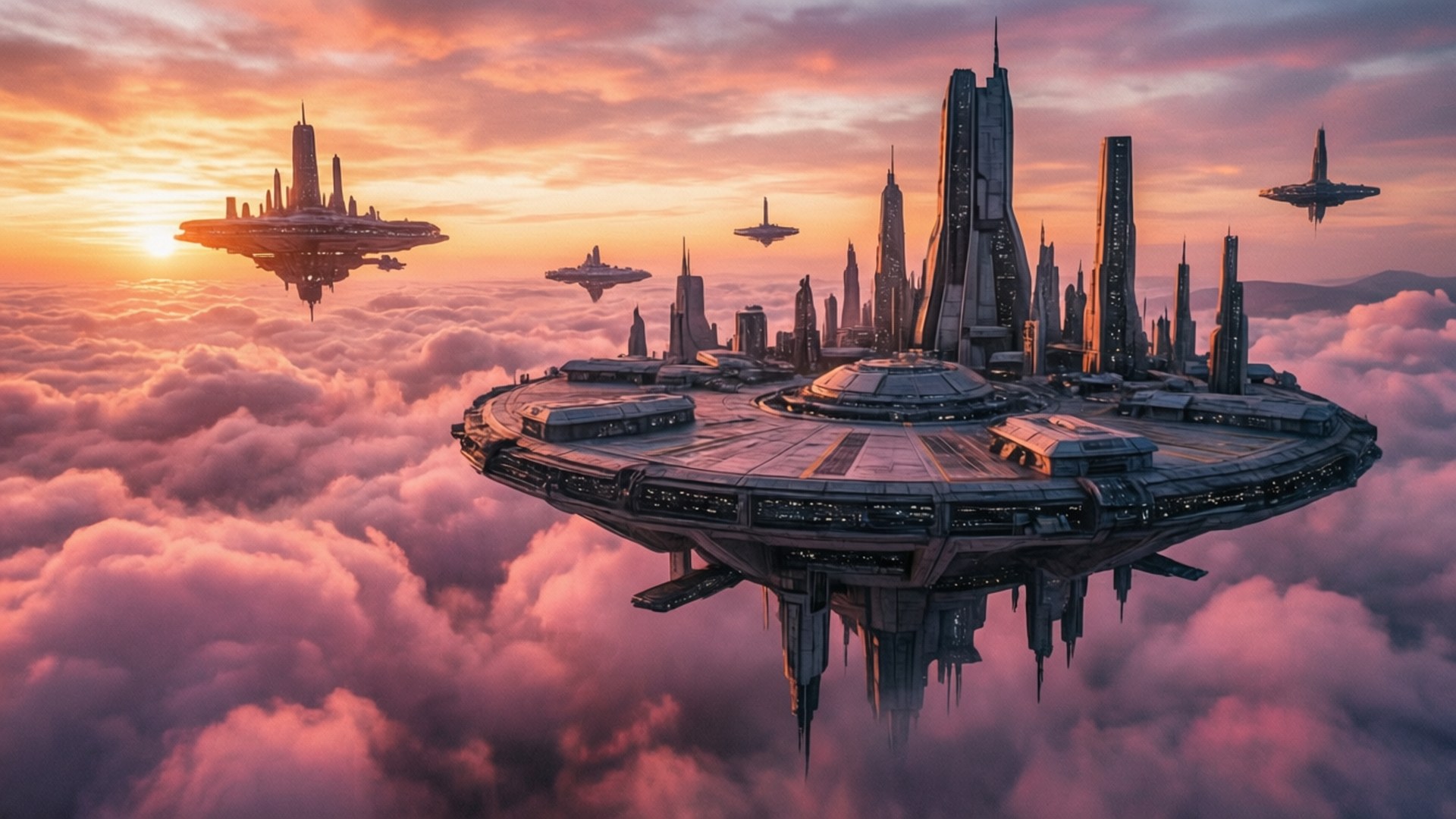 雲城日落 壁紙 — 一座未來主義的浮空城市，高聳的尖塔在日落時分懸浮在粉紅色雲海之上。