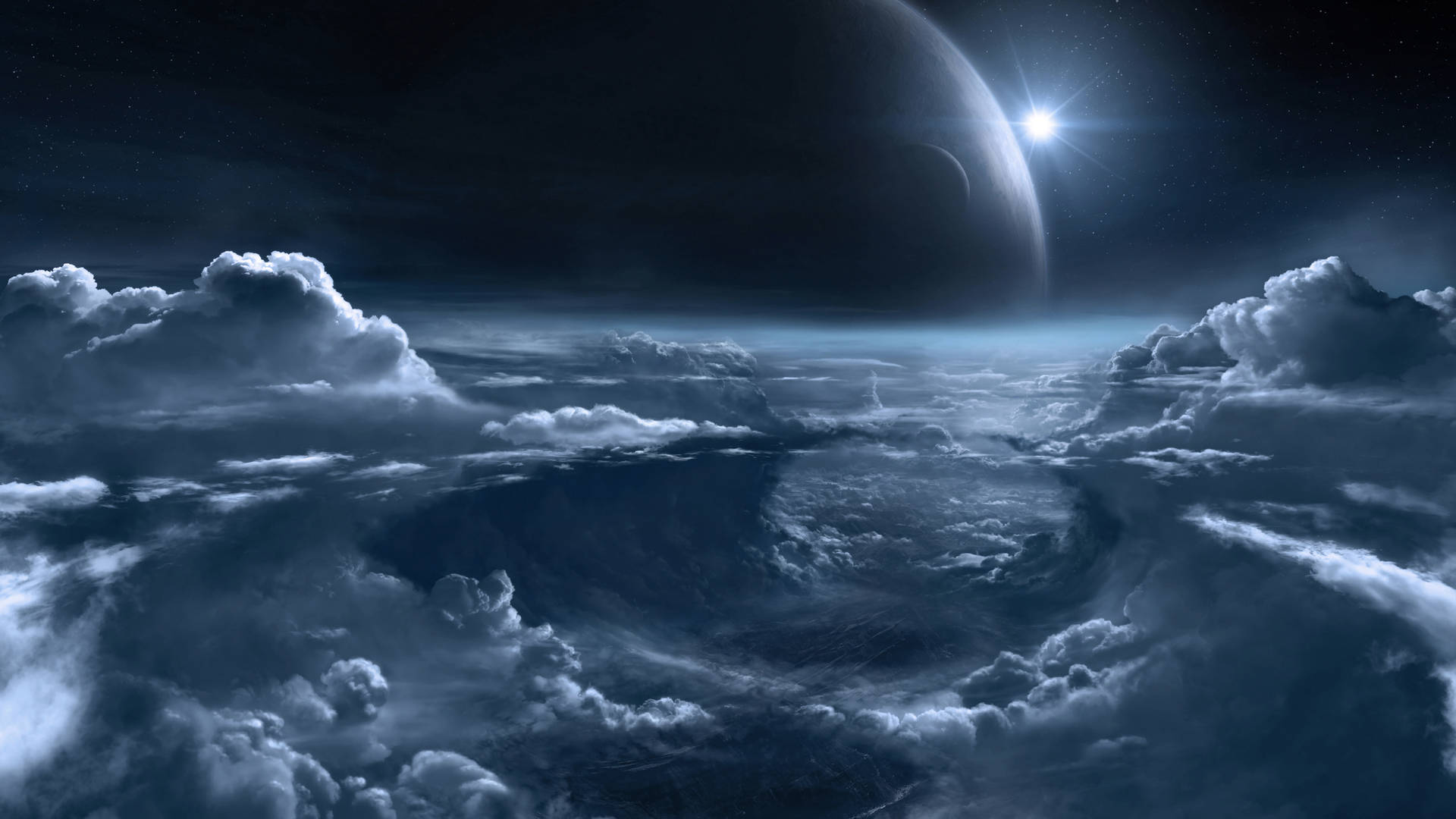 雲層在發光的星星和遙遠的行星下旋轉，處於深空。