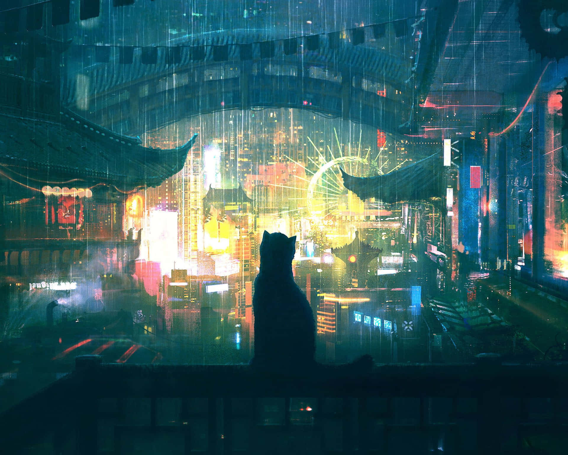 一隻貓在夜雨中觀看霓虹燈照亮未來城市。