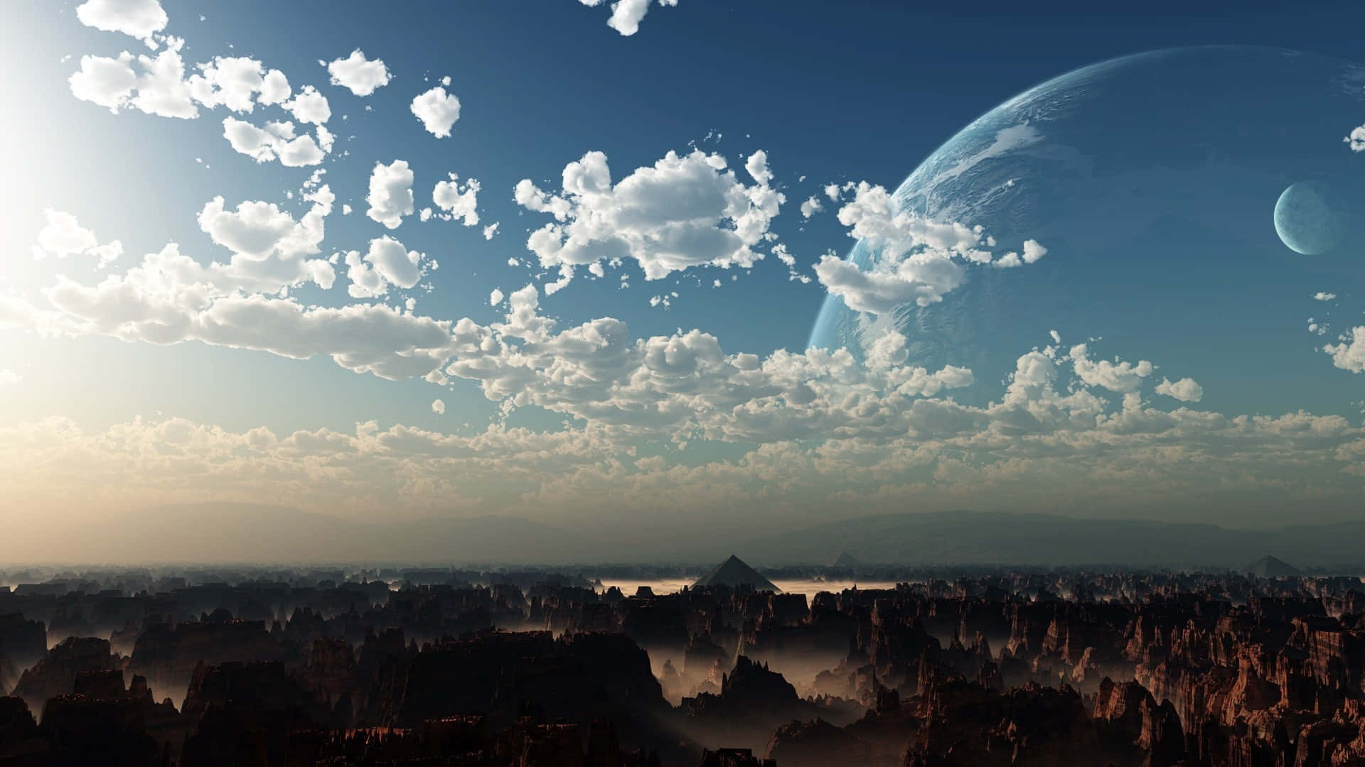 雲層籠罩下的月亮金字塔 壁紙 — 一個超現實的外星景觀，有鋸齒狀的岩石形成，天空充滿蓬鬆的雲朵，遠處懸掛著兩顆巨大的行星。