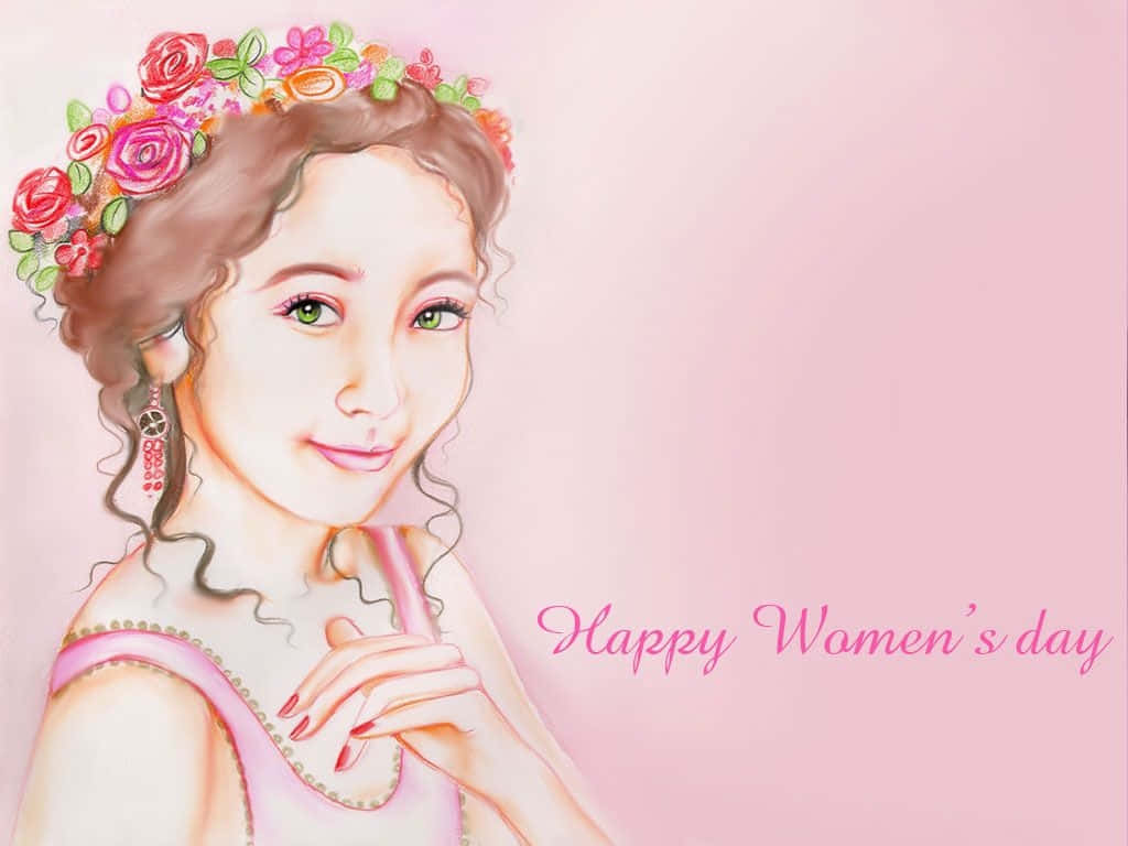 一位戴著花冠微笑的女子，附有「Happy Women's day」文字。