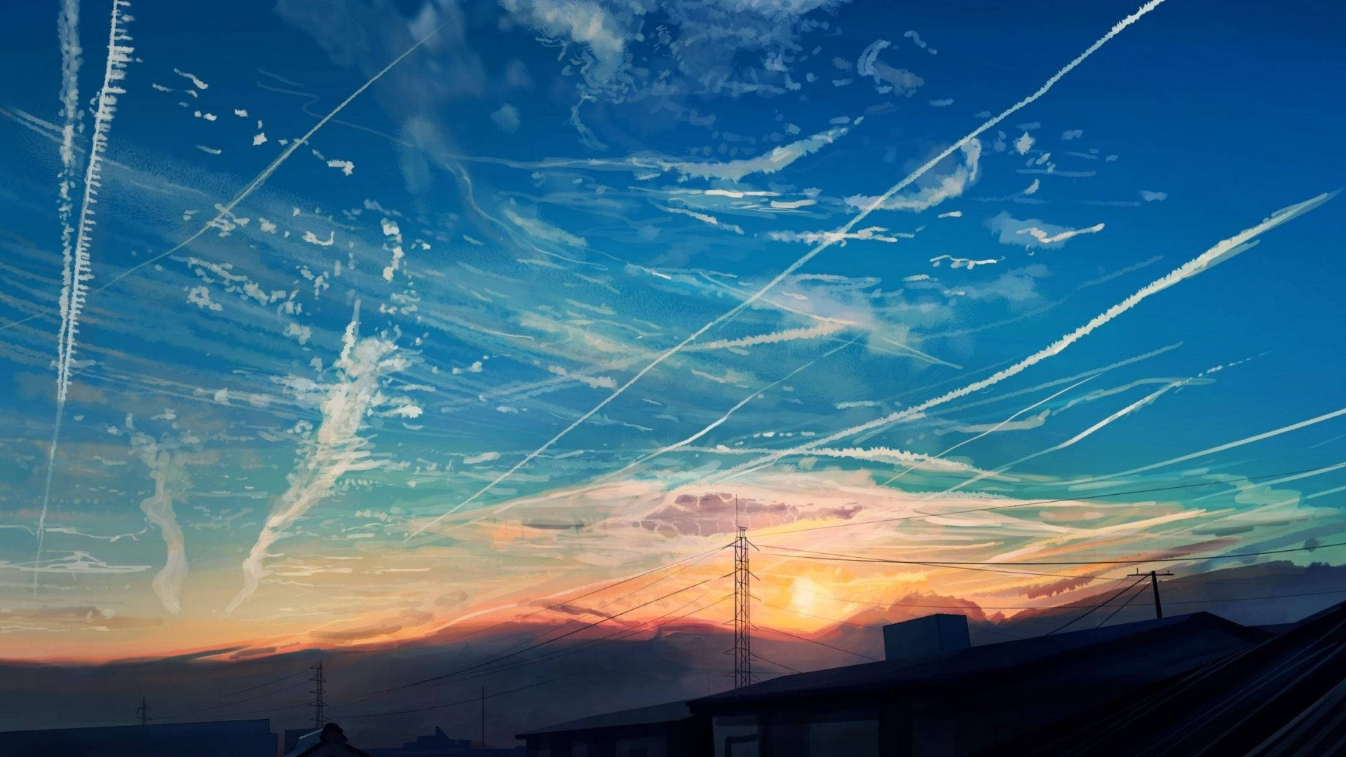 雲帶天際 壁紙 — 充滿活力的日落天空，飛機尾跡和縷縷雲彩劃過天際，下方是剪影般的城市屋頂。