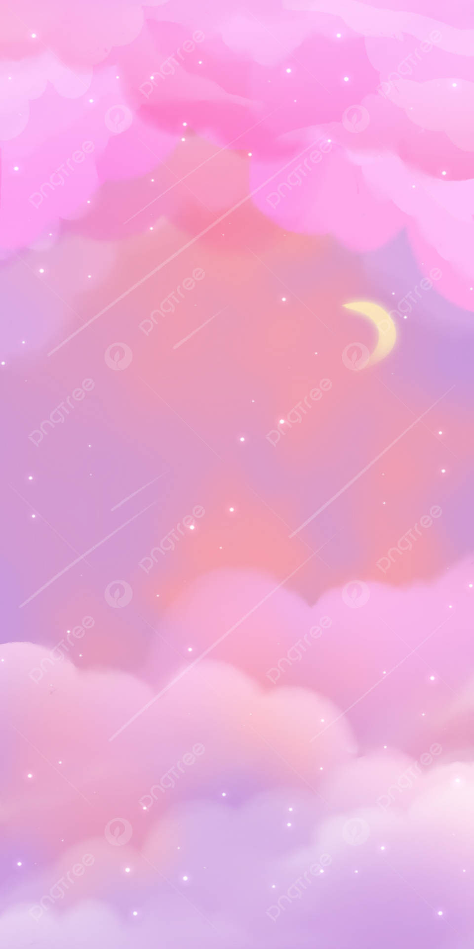 粉紅和紫色雲彩，彎月和星星在夢幻的夜空。