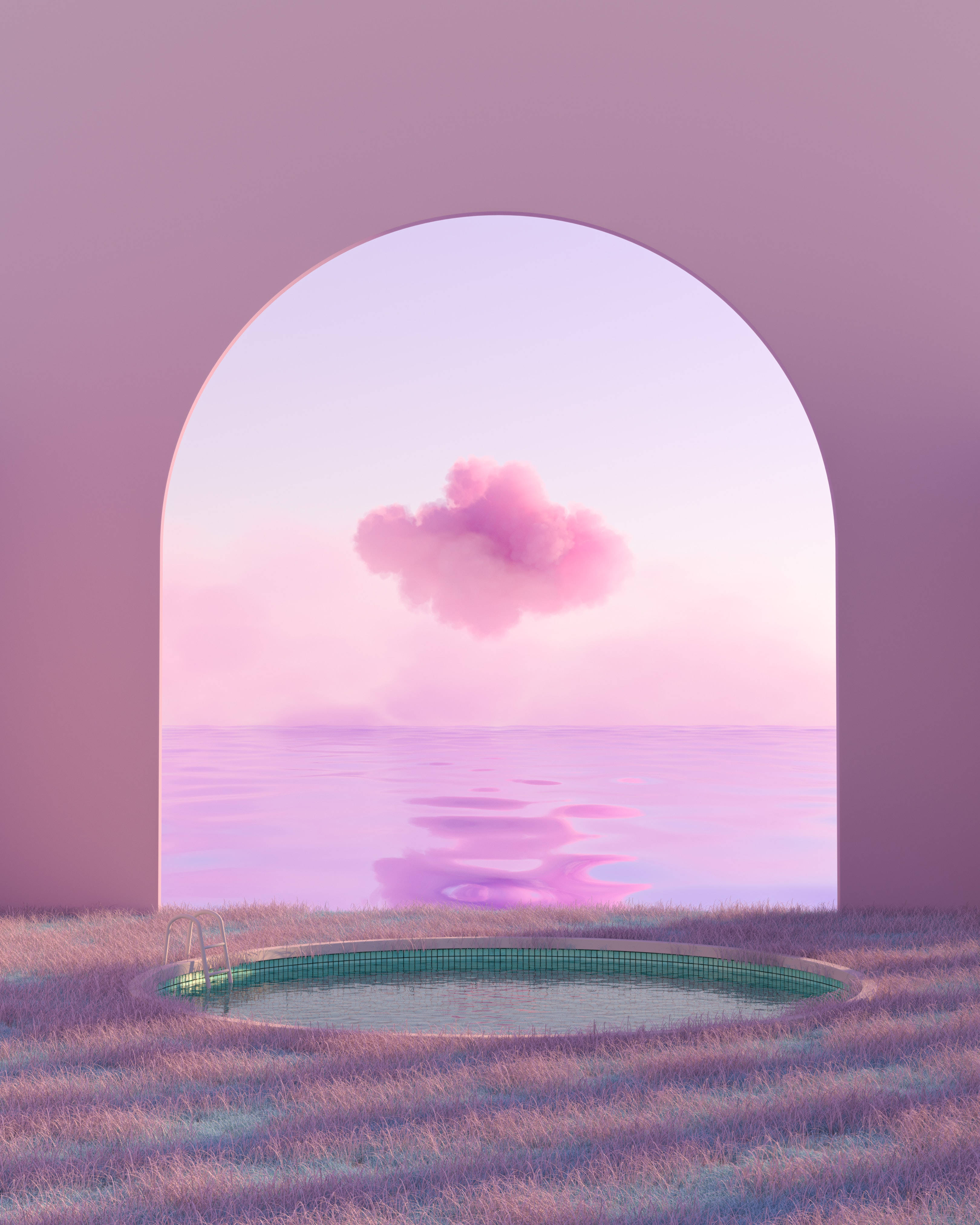 雲景幻想泳池 壁紙 — 一個超現實的粉紅色拱門框住平靜的海洋，一朵蓬鬆的雲朵倒映在旁邊的小水池中。
