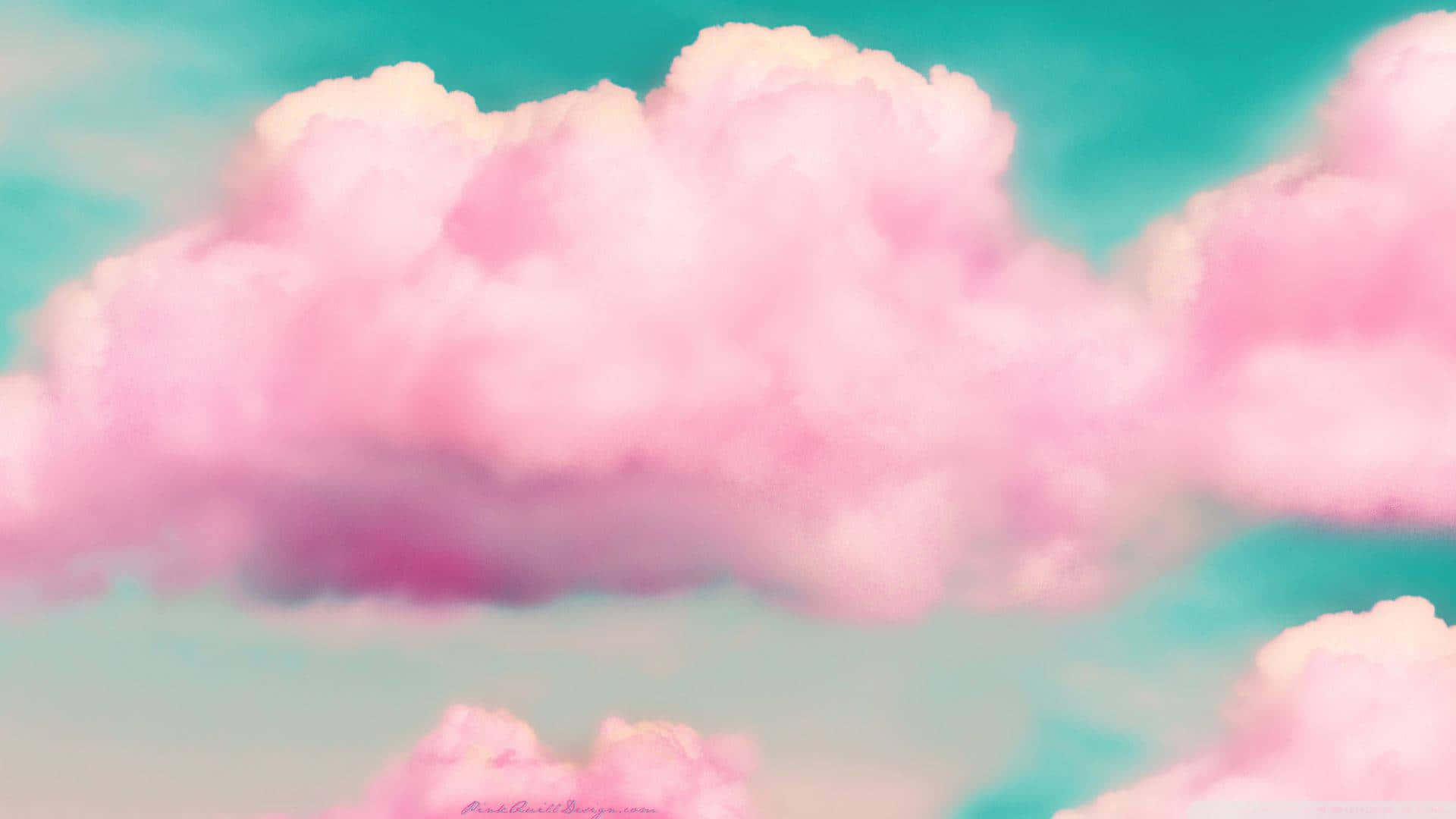雲景攝影桌面粉紅美學壁紙 壁紙 — 蓬鬆的粉紅雲朵懶洋洋地飄過柔和的青綠色天空，構成一幅夢幻的數位畫作。