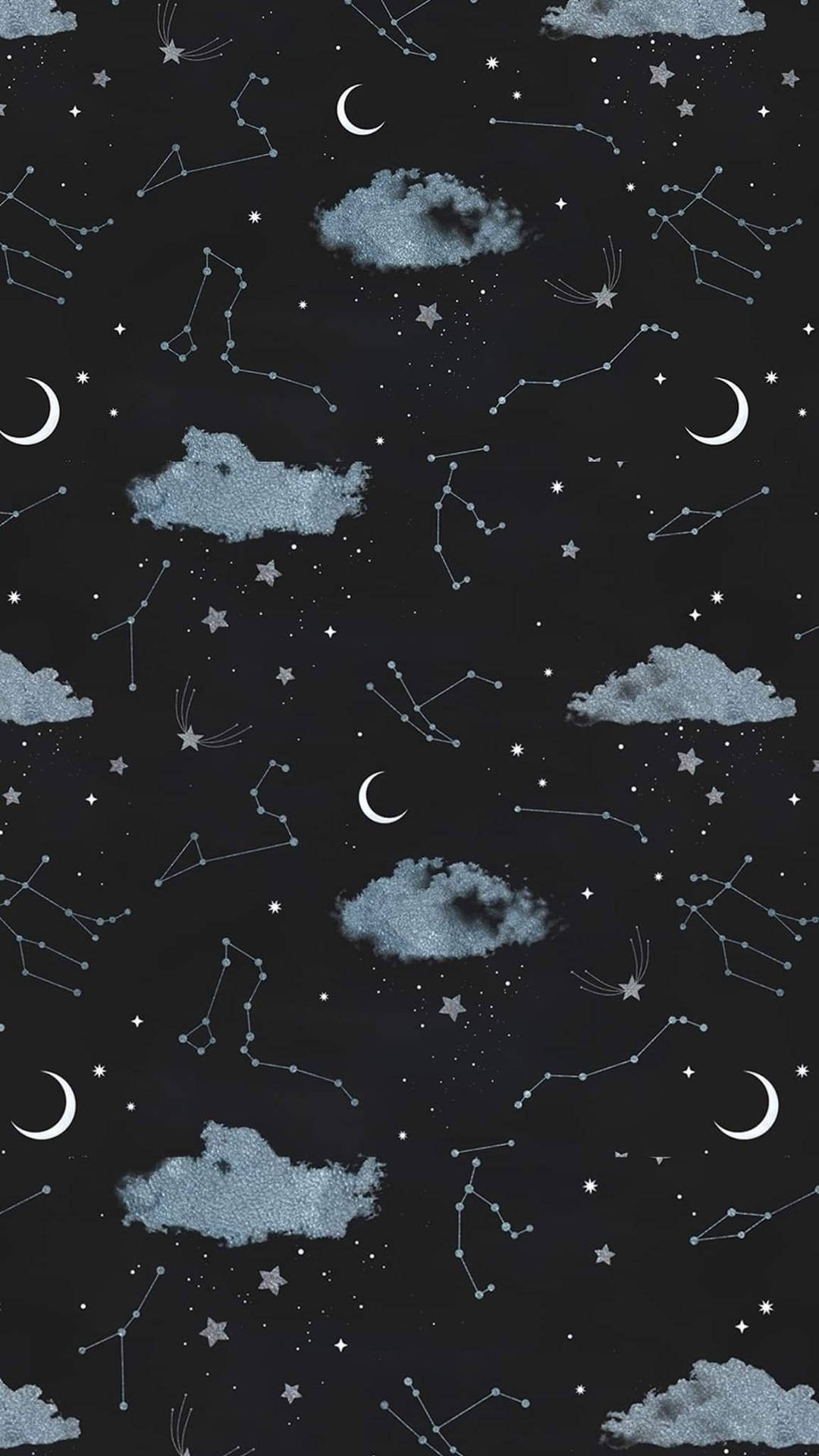 夜空，帶有星星、星座、月亮和藍色調的雲朵