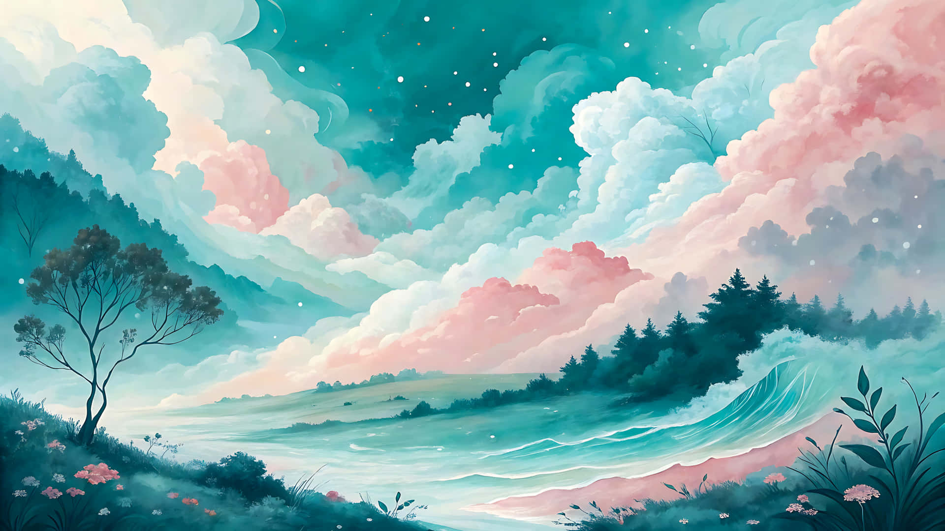 雲朵、山丘與樹木的柔和粉彩風景 壁紙 — 夢幻般的風景，青綠色和粉紅色的雲彩在樹木繁茂的山丘上盤旋，溫柔的海浪拍打著海岸。