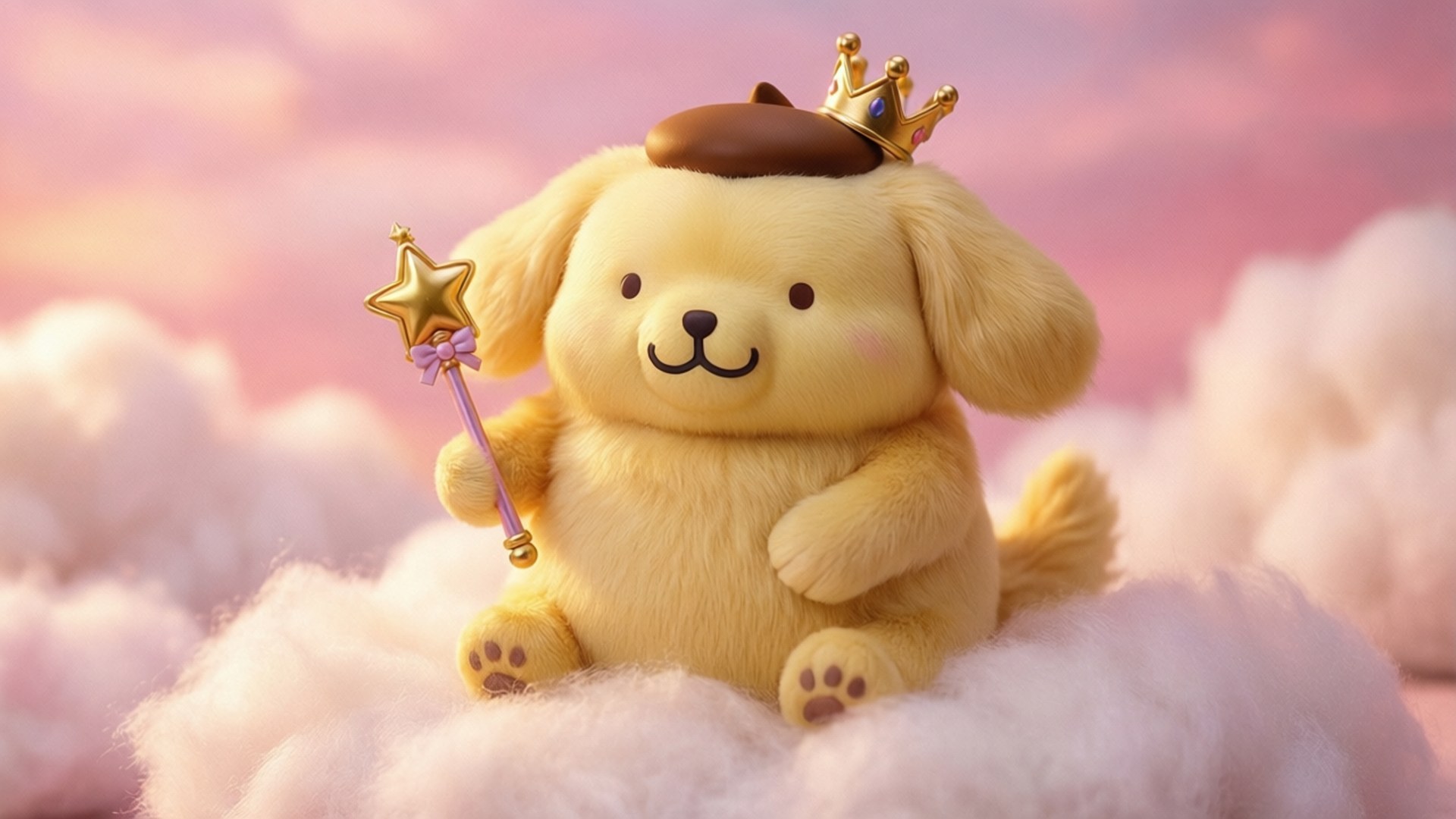 毛茸茸金色小狗戴朱古力帽和皇冠持星星魔杖在粉紅雲上