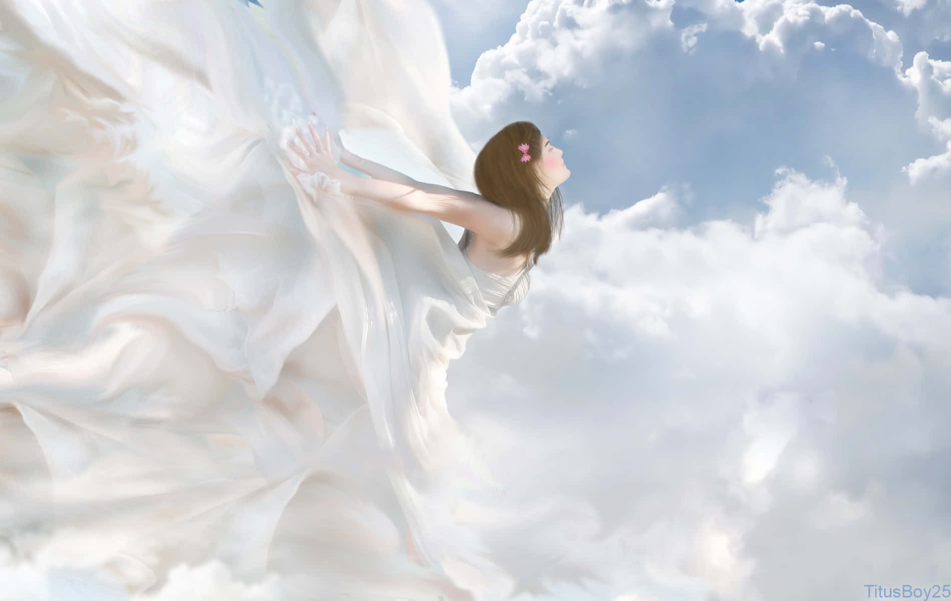 一位身穿白色連衣裙的女性舉起雙臂在雲中漂浮。