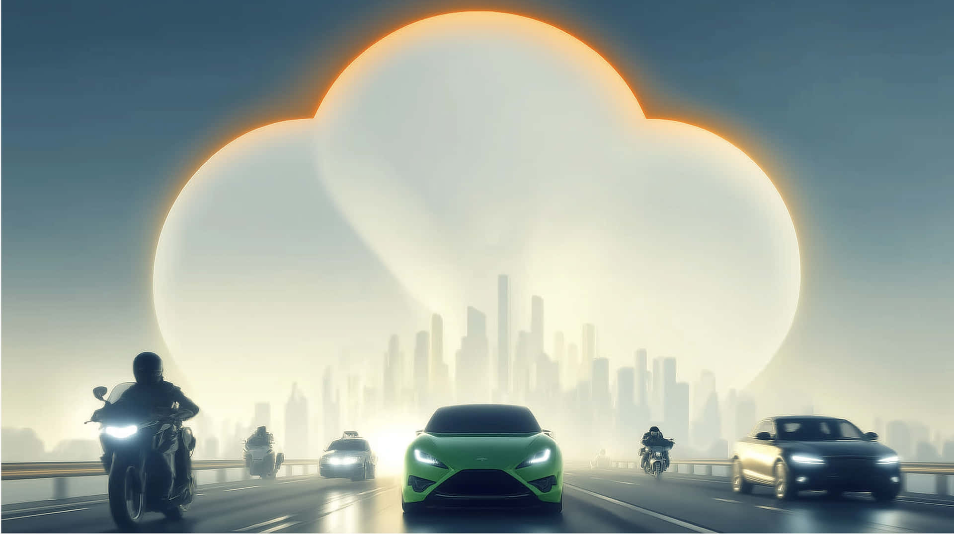 汽車和摩托車在發光的雲下行駛在高速公路上，朝向城市天際線。