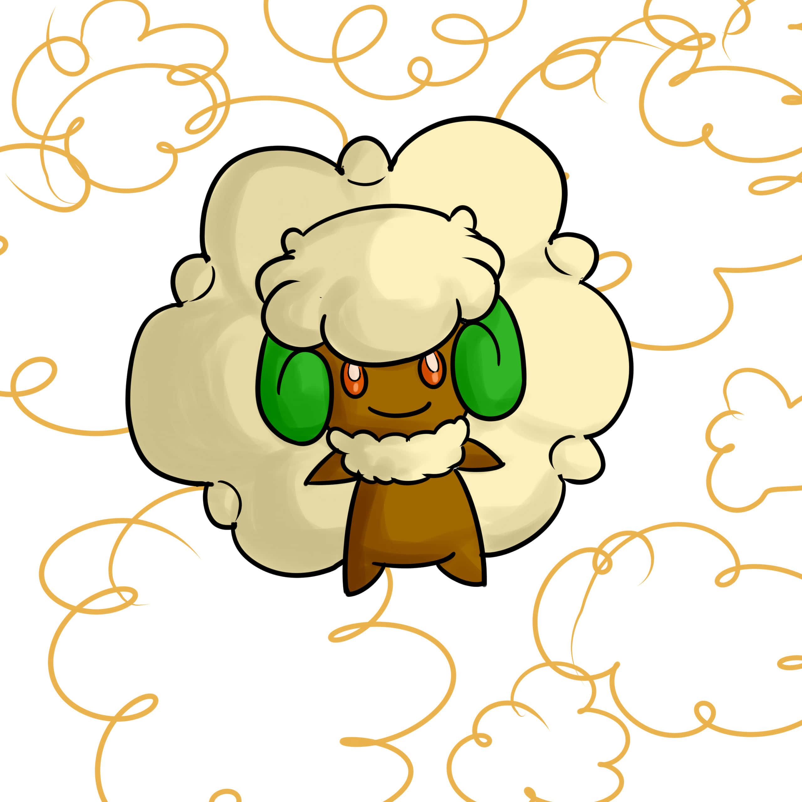 雲朵環繞的Whimsicott 壁紙 — 一個可愛的卡通雲朵生物，有綠色耳朵和橙色眼睛，漂浮在白色背景上旋轉的金色線條中。
