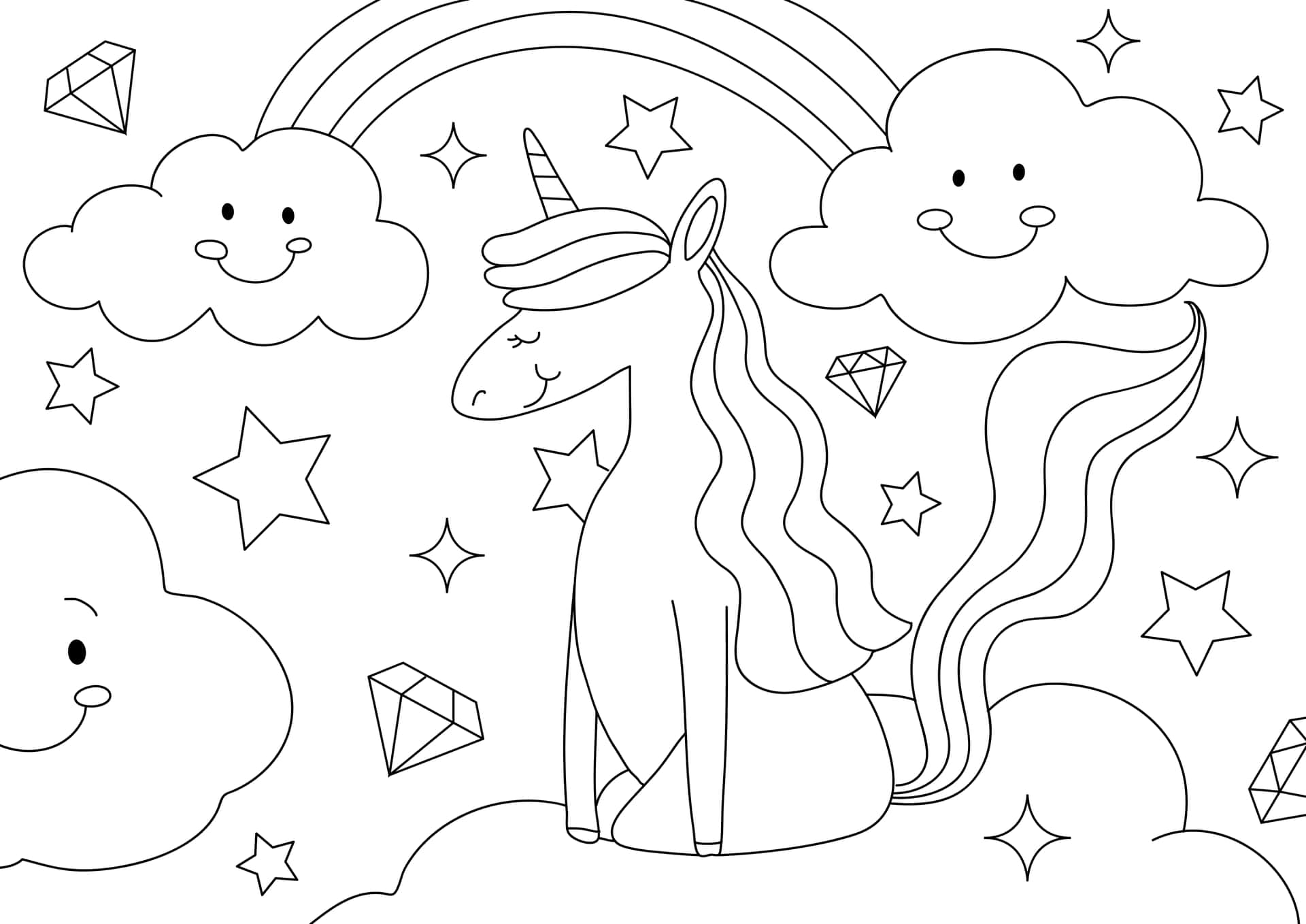 微笑的獨角獸被雲朵星星和彩虹包圍，準備好上色