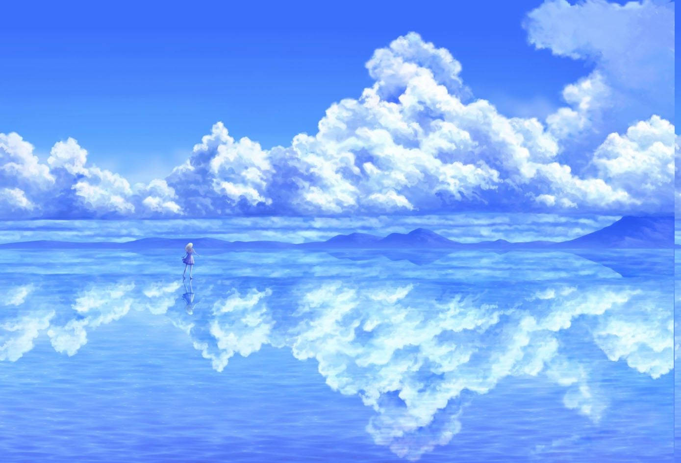 動漫女孩站在反射藍色海面上，天空多雲