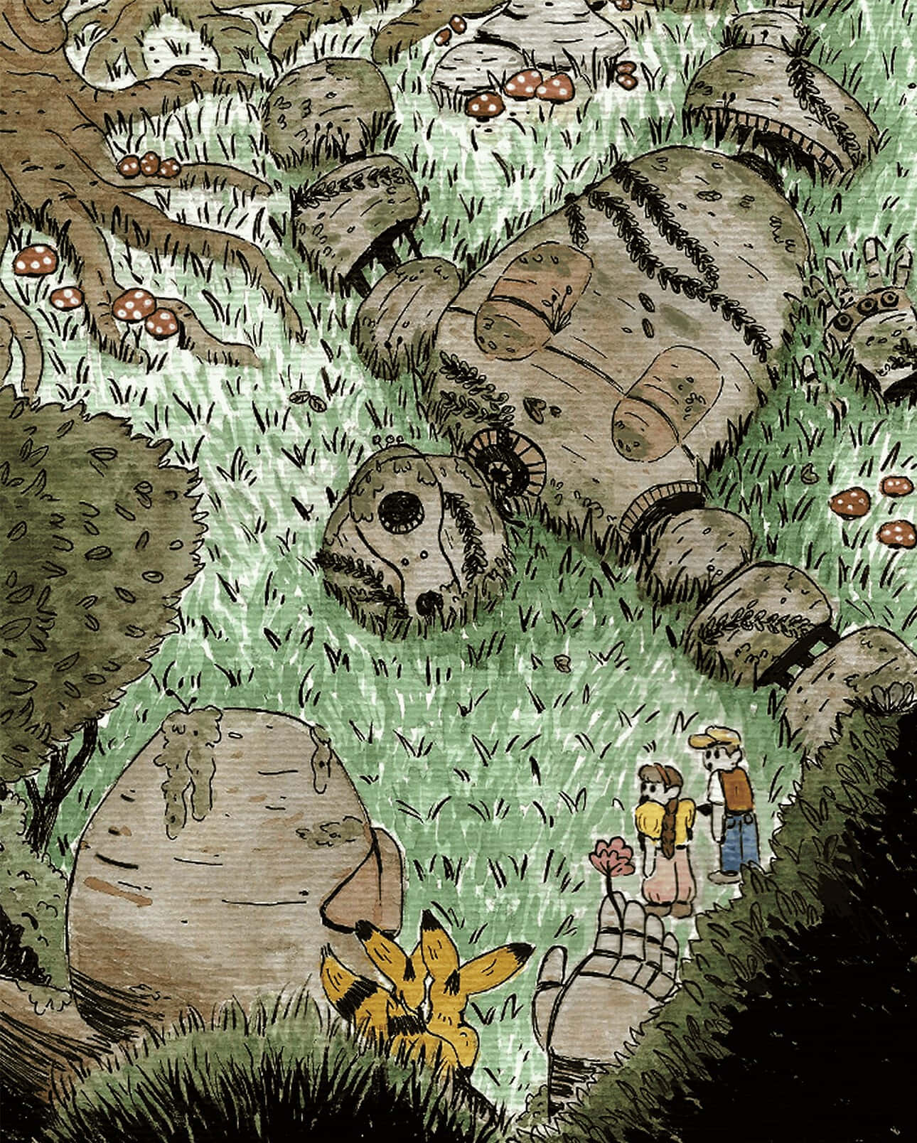 雲端中的魔法城堡 壁紙 — 兩個孩子和一隻黃色狐狸探索一個長滿苔蘚的森林，裡面充滿了巨大的蘑菇和古老的石頭廢墟。