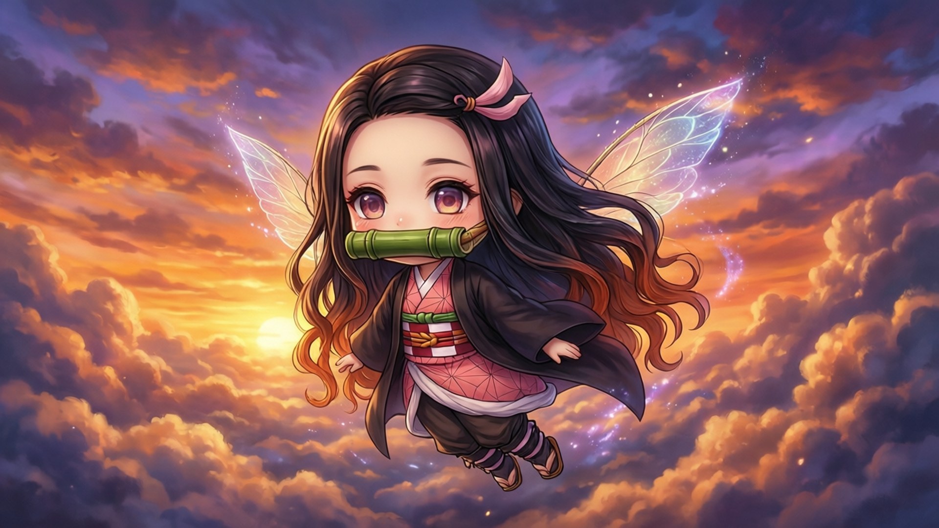 帶翅膀的Q版動畫女孩飛過色彩繽紛的日落雲層。