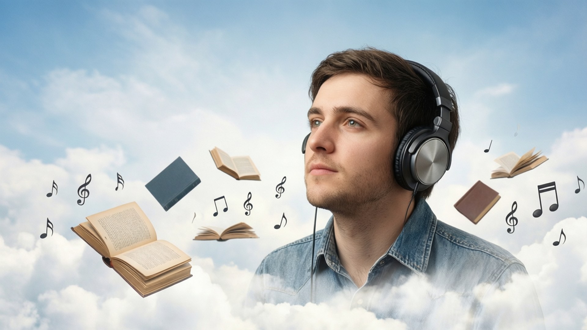 戴著耳機的男人被漂浮的書本和音符包圍在雲天中。