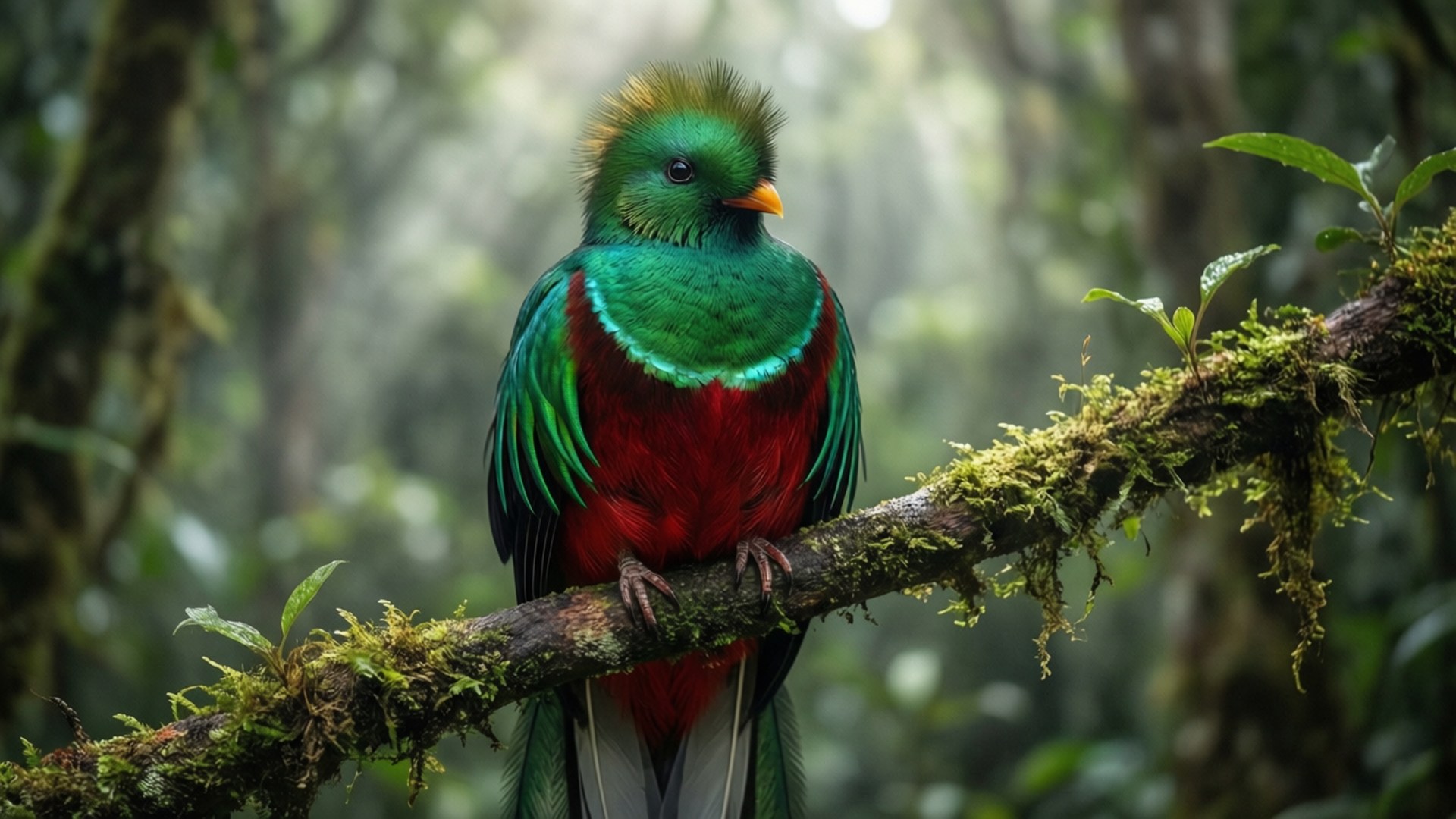 雲霧森林中的quetzal 壁紙 — 一隻色彩鮮豔的綠咬鵑，帶有虹彩綠色和紅色羽毛，棲息在霧氣瀰漫的雨林中長滿苔蘚的樹枝上。