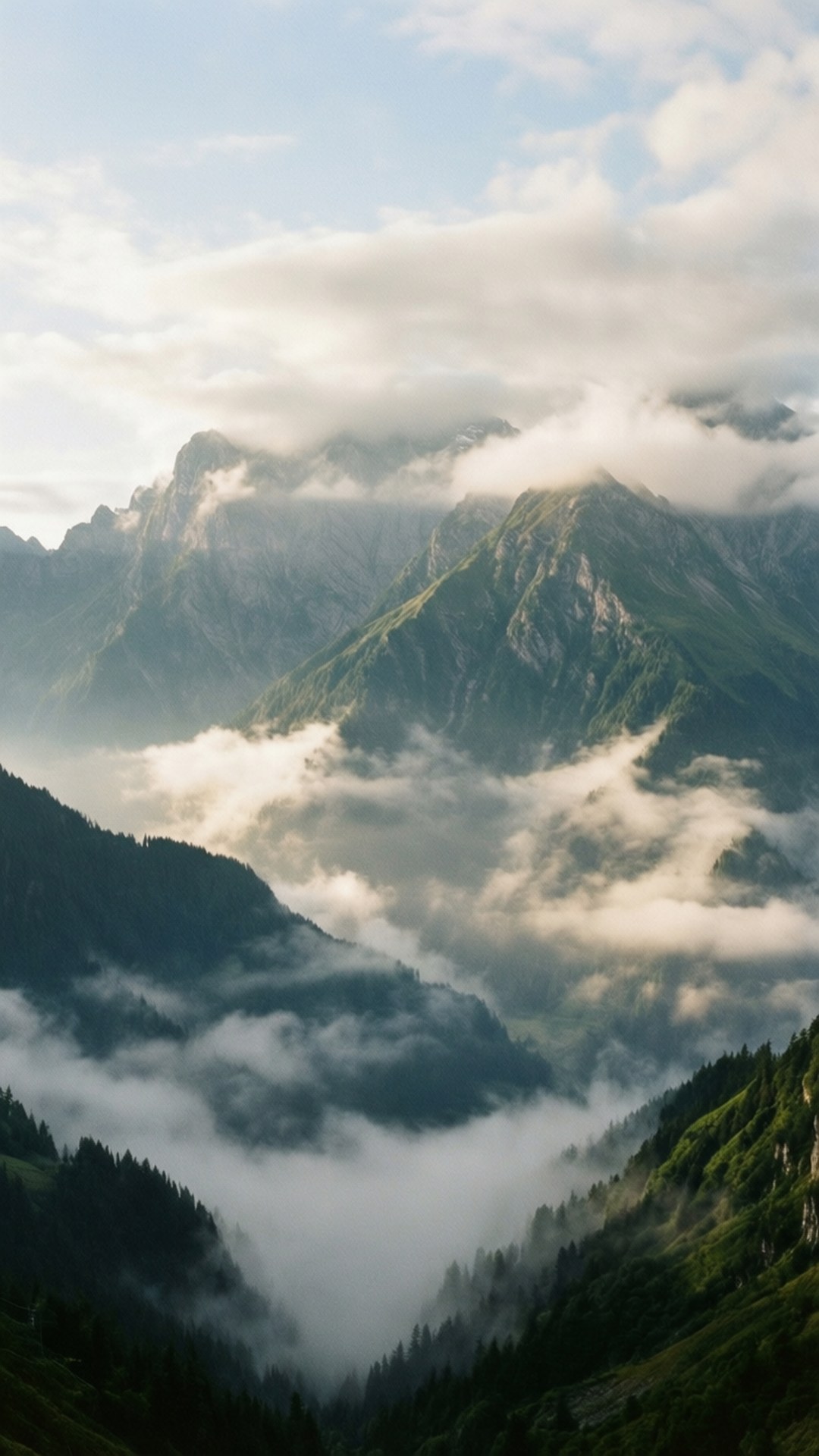 參差不齊的山峰在翠綠山谷的霧海之上聳立，陽光穿過雲層。