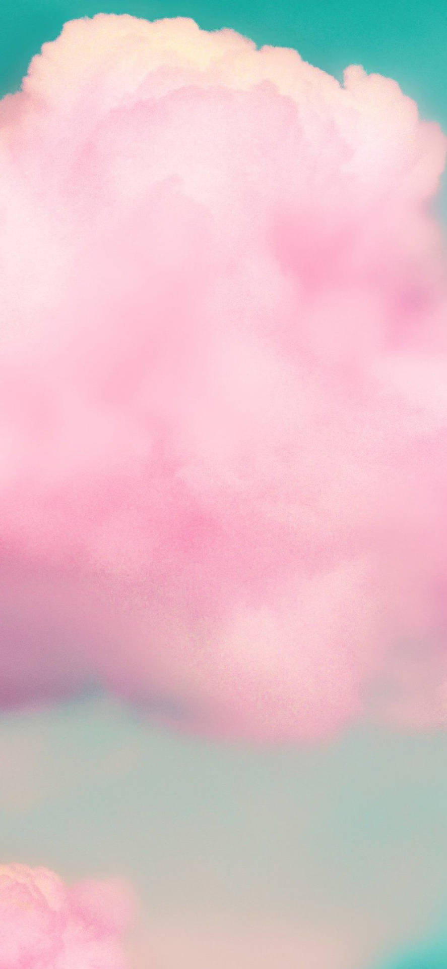 雲霧粉紅3D iPhone 壁紙 — 一朵柔和的粉紅雲在夢幻般的青綠色天空中飄浮，營造出寧靜而空靈的氛圍。