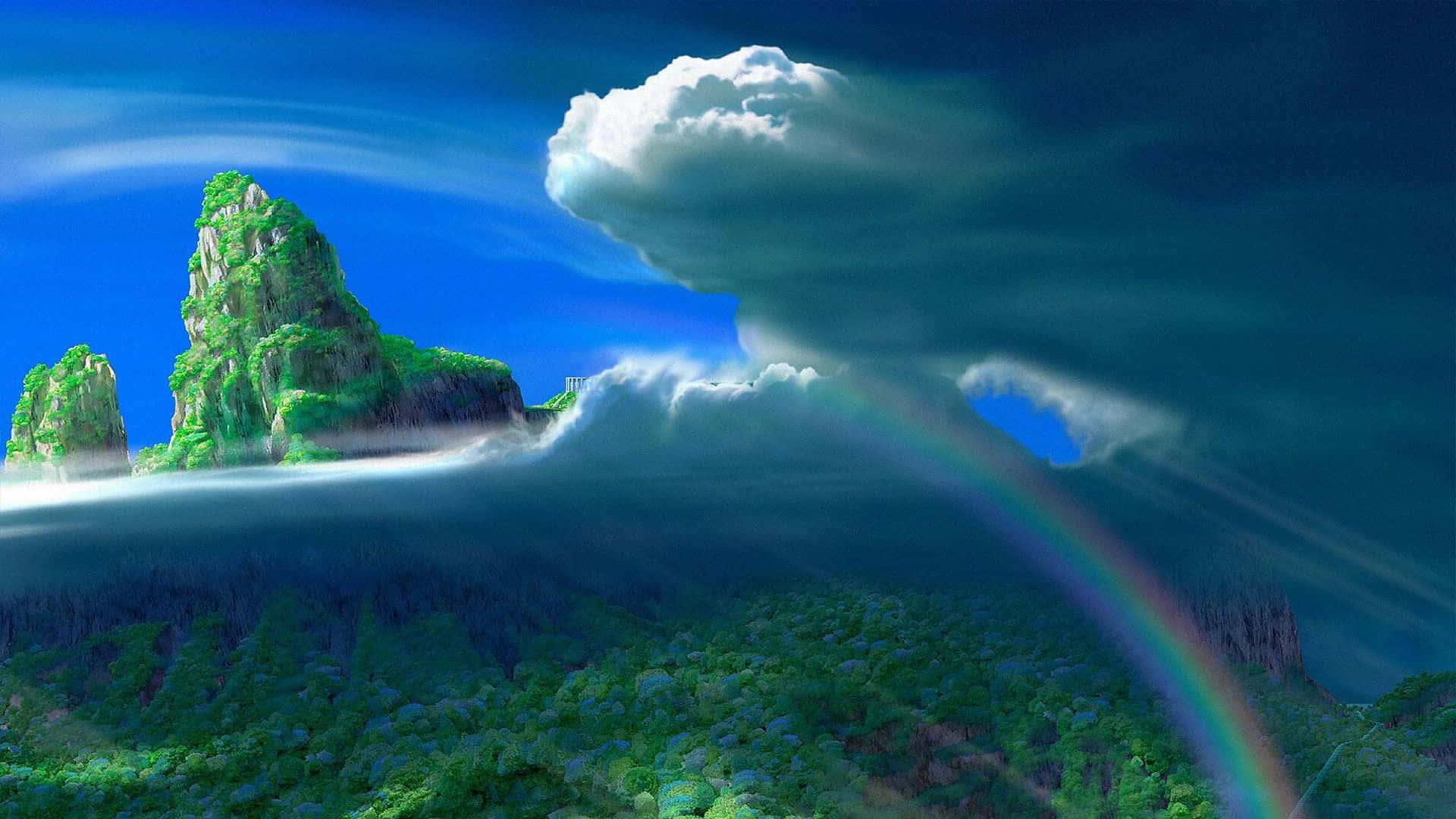雲霧繚繞的天堂島天體背景 壁紙 — 一道鮮豔的彩虹橫跨在鬱鬱蔥蔥的綠色森林和 towering 岩石 formations 之上，天空戲劇性十足。