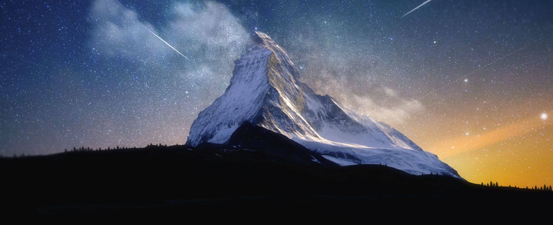 在繁星點點的夜空下，雪山山峰，伴隨著發光的地平線和流星。