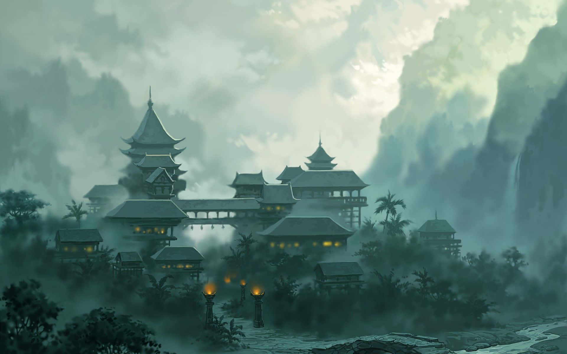 Best Minecraft 桌布 壁紙 — 雲霧繚繞的山中寺廟建築群，發光的燈籠隱藏在叢林和瀑布之間，天空多雲。