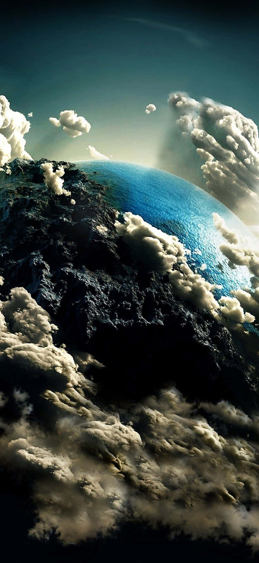 一顆行星，藍色海洋和黑暗陸地在日落時從雲層中窺視。 — 背景 壁紙