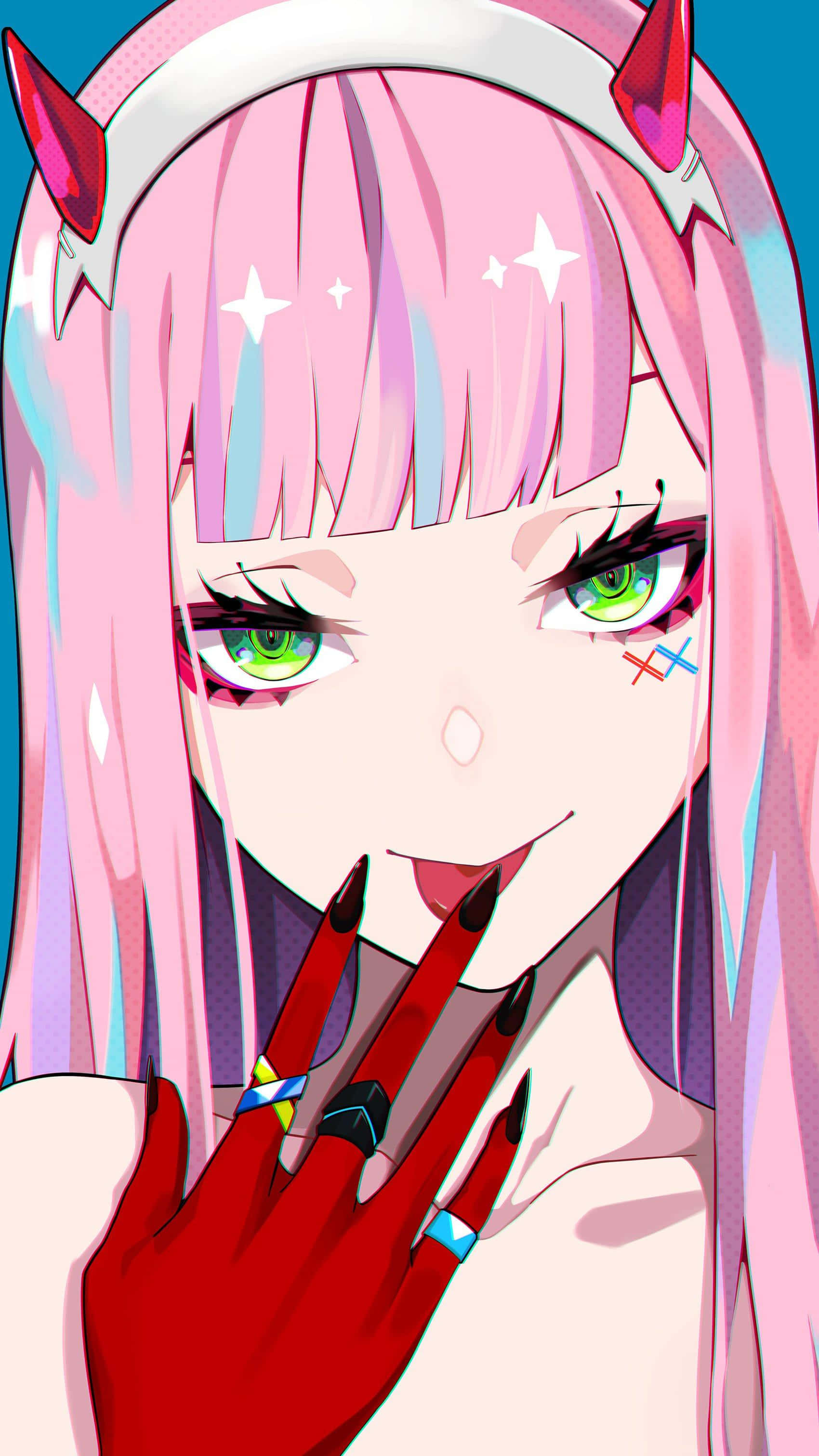 零二 | 《DARLING in the FRANXX》 壁紙 — 一個充滿活力的動漫女孩，粉紅色頭髮和綠色眼睛，一邊眨眼一邊舉起戴著紅色手套、黑色指甲的手。