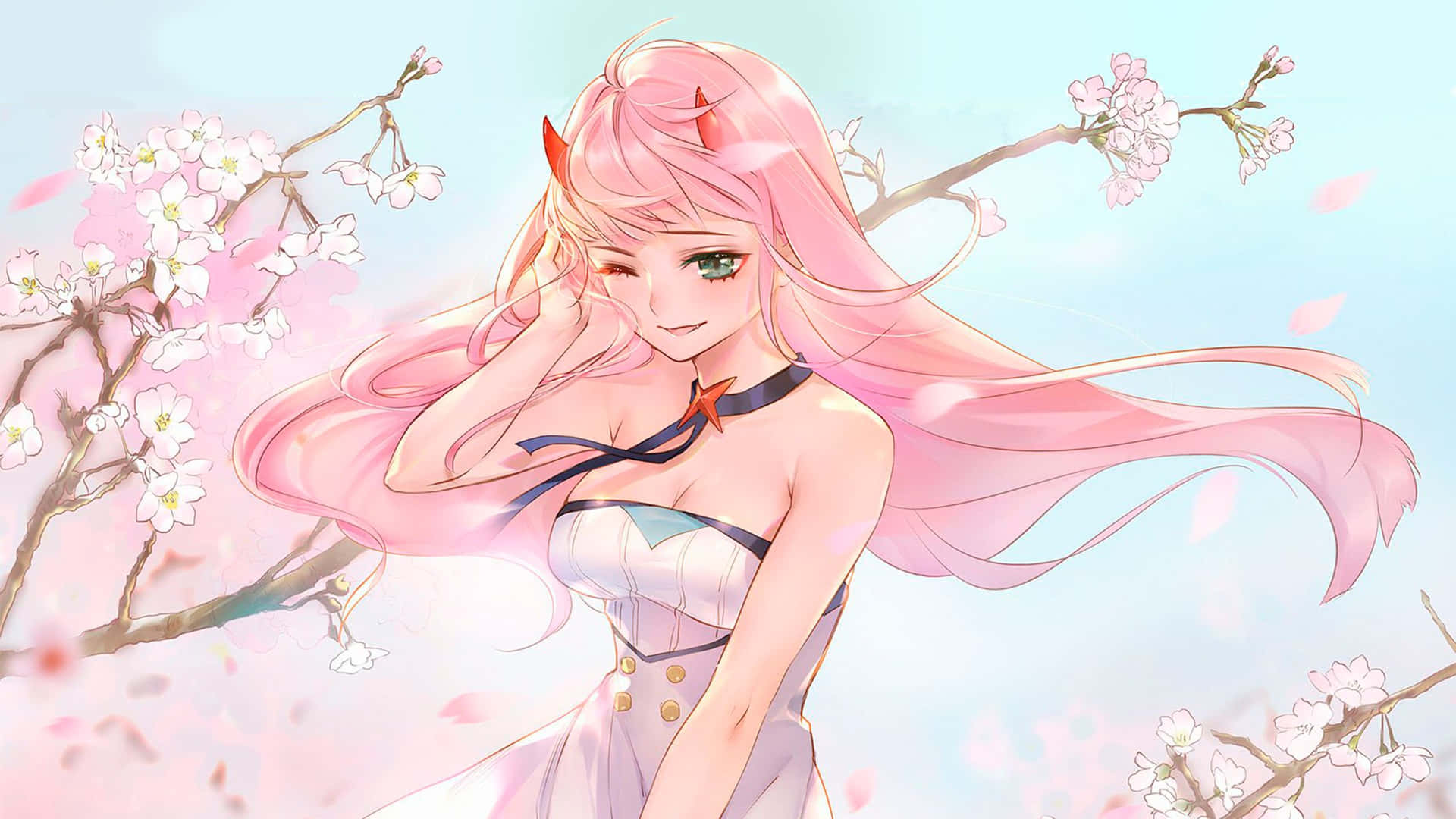 春天櫻花下，粉紅色頭髮和角的動漫女孩。 — 美女與野獸 GIF 壁紙