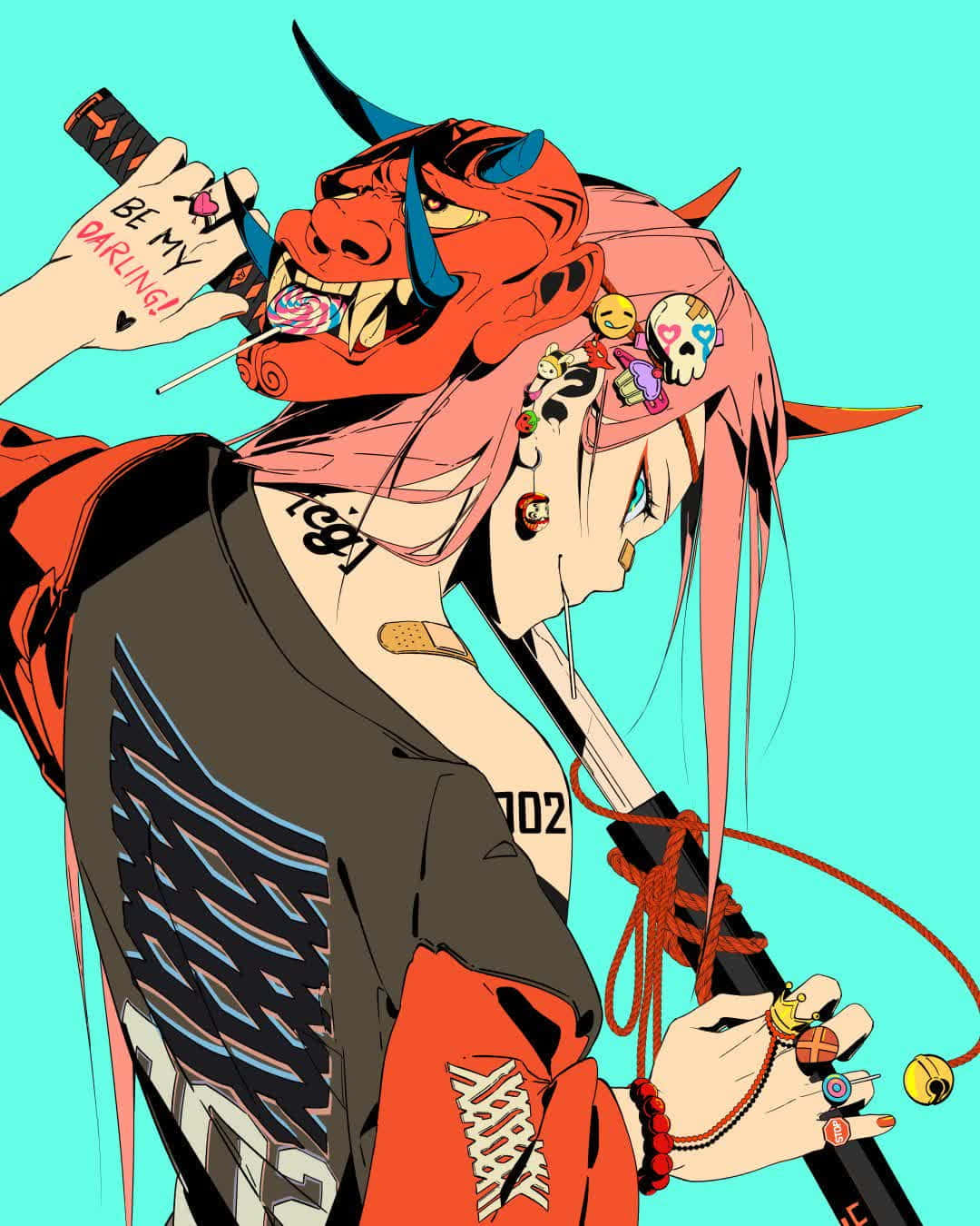 粉紅髮紅惡魔面具動漫少女手持劍和棒棒糖。