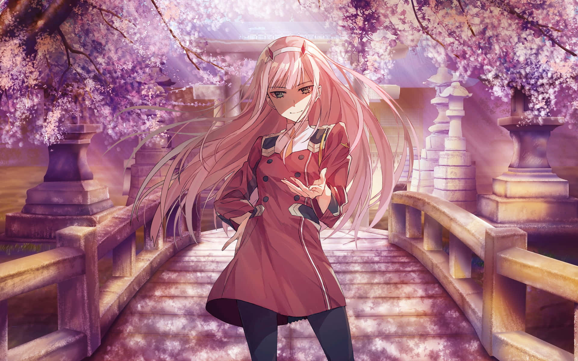 春天櫻花橋上的粉紅髮動漫女孩。