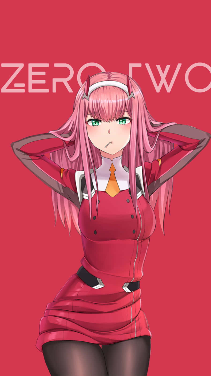 動漫角色 Zero Two 身穿紅色服裝，粉紅頭髮，綠眼睛。