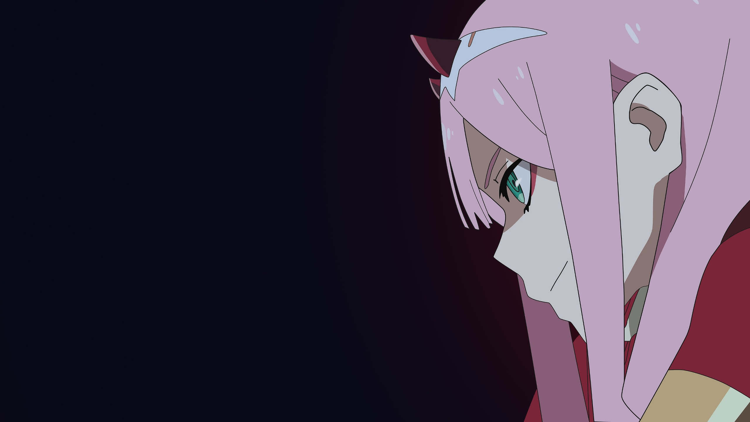 零二與柊尋一組隊奮戰《Darling in the Franxx》 壁紙 — 一位粉紅色頭髮、綠色眼睛的動漫女孩在黑暗背景下悲傷地低頭。
