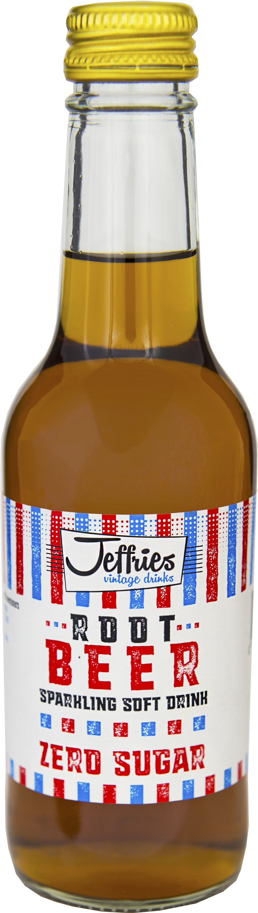 零糖根啤瓶 壁紙 — 一個透明玻璃瓶的Jeffies Root Beer，帶有紅、白、藍條紋標籤和金色瓶蓋，裝滿琥珀色液體。
