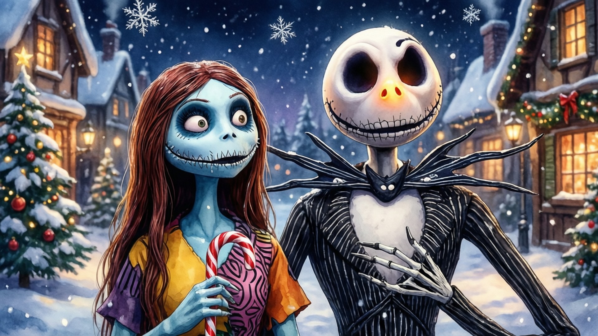 Jack 和 Sally 在一個白雪皚皚的聖誕村莊中，裝飾著樹木和發光的窗戶。