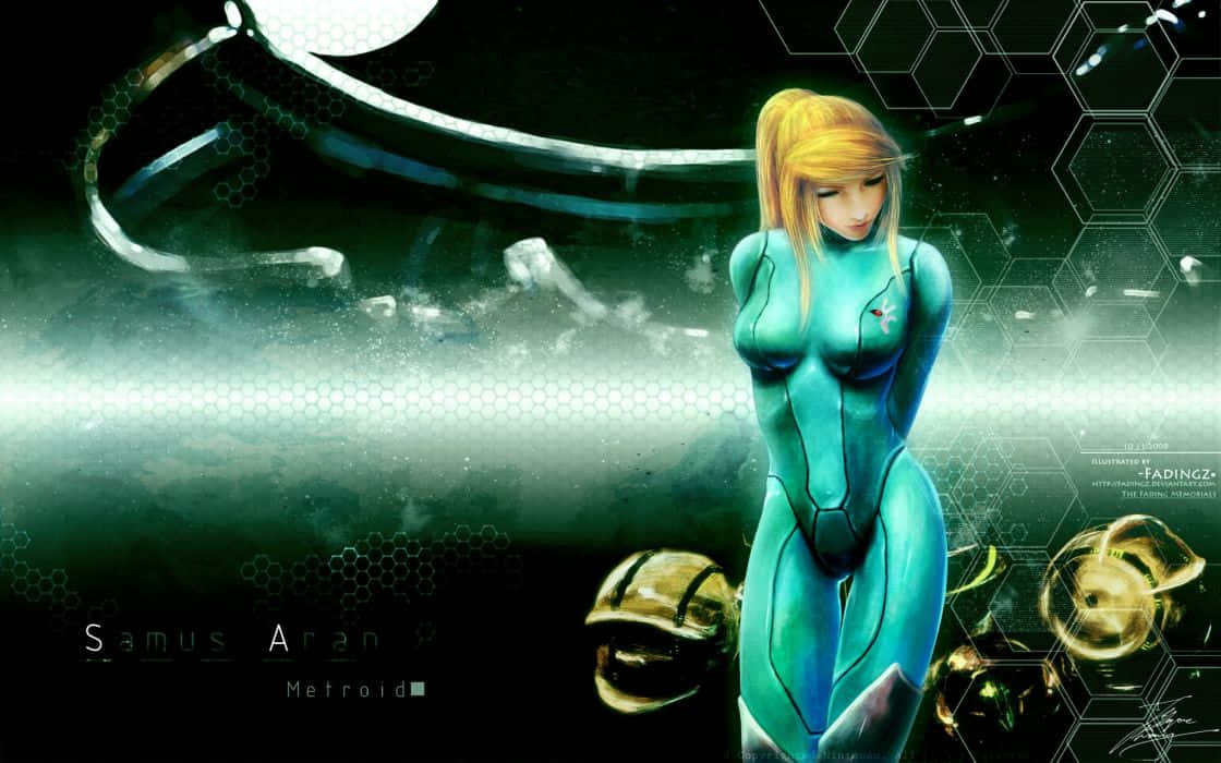 Samus Aran 身穿標誌性青綠色裝甲，站立在未來太空環境中。