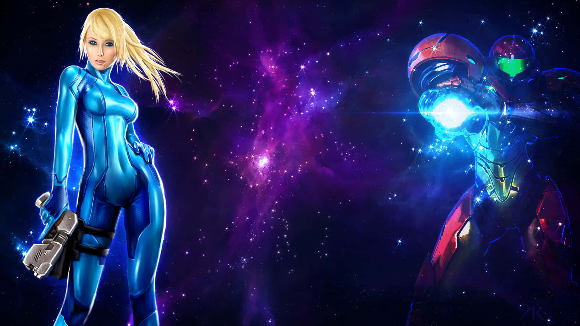 女戰士和機械人在太空中，手持發光武器，背景是紫色星雲。