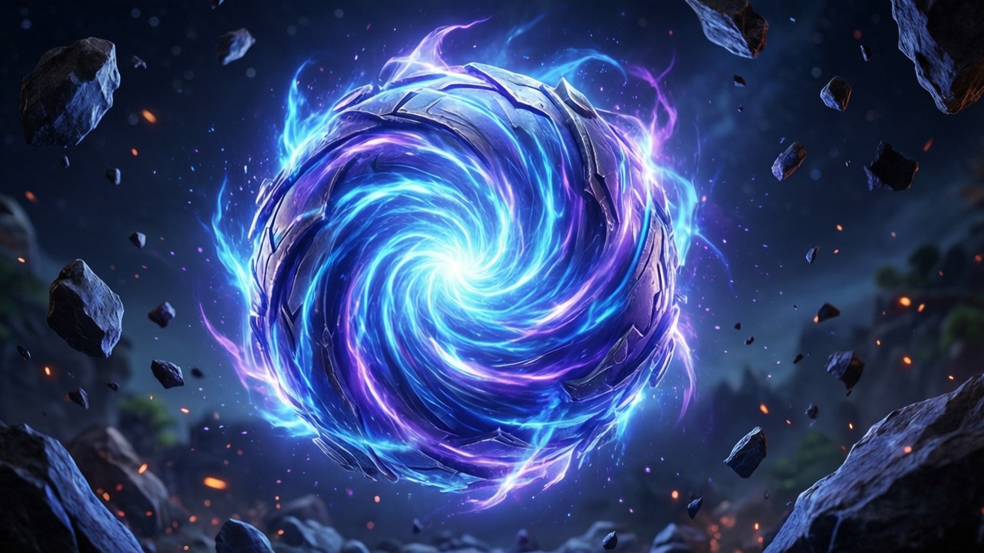 零點特寫 壁紙 — 在黑暗星空虛空中，一個發光的藍紫色宇宙漩渦在漂浮的岩石間猛烈旋轉。
