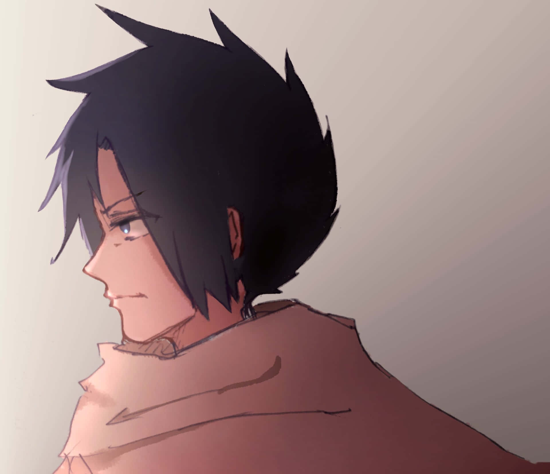 動漫男孩，黑色尖刺頭髮，藍色眼睛，側面凝視，表情平靜。