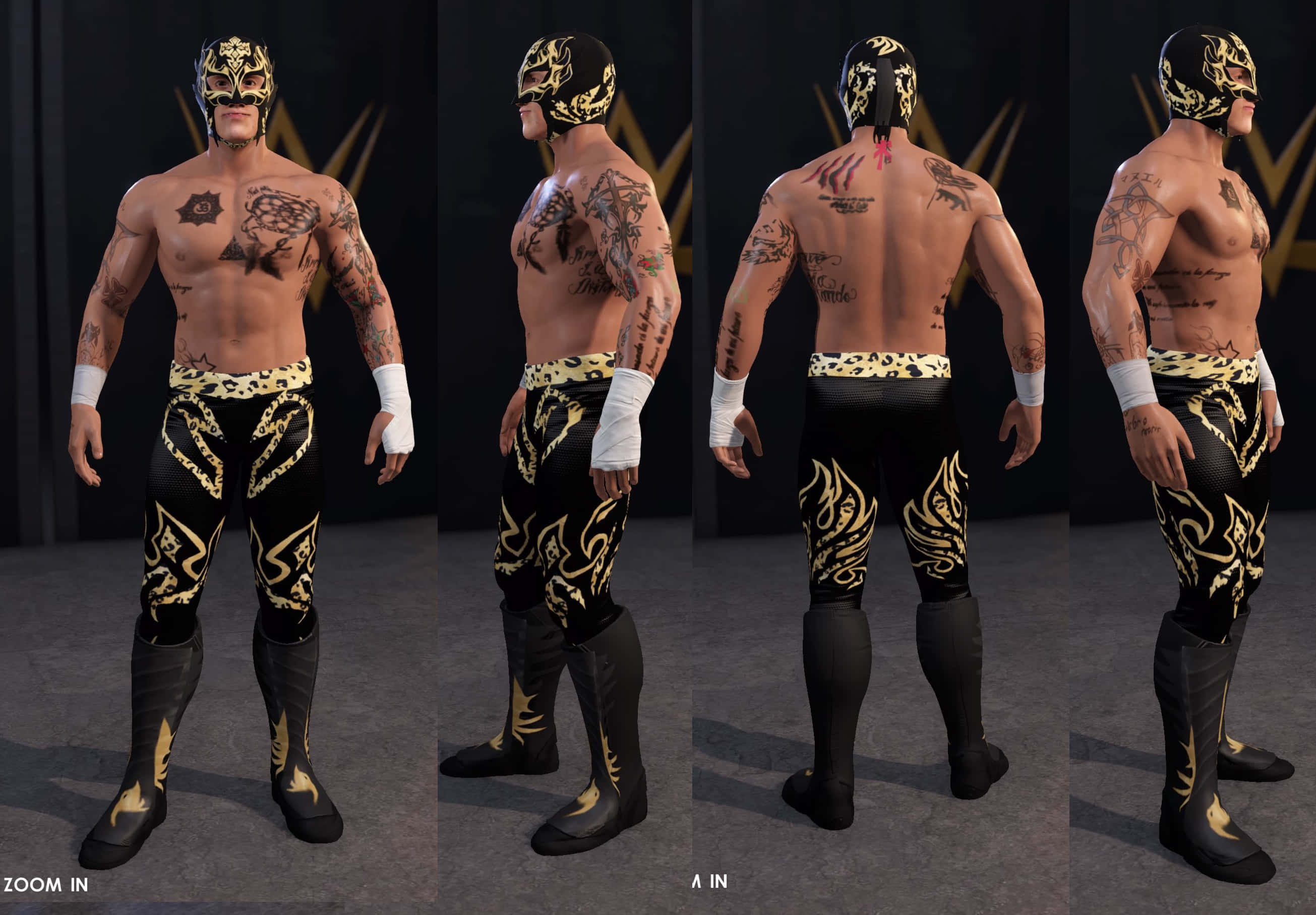雷·費尼克斯 WWE 電子遊戲模型 壁紙 — 一個肌肉發達的摔角手，身穿黑金部落裝備，帶有紋身，從四個角度展示在黑暗舞台背景下。
